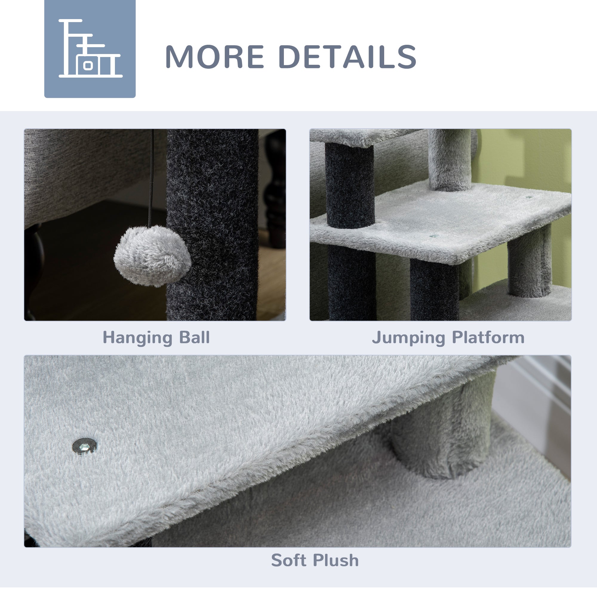 PawHut Adjustable Cat Steps, with House & Hanging Toy Ball - Grey - North Peak Garden Furniture