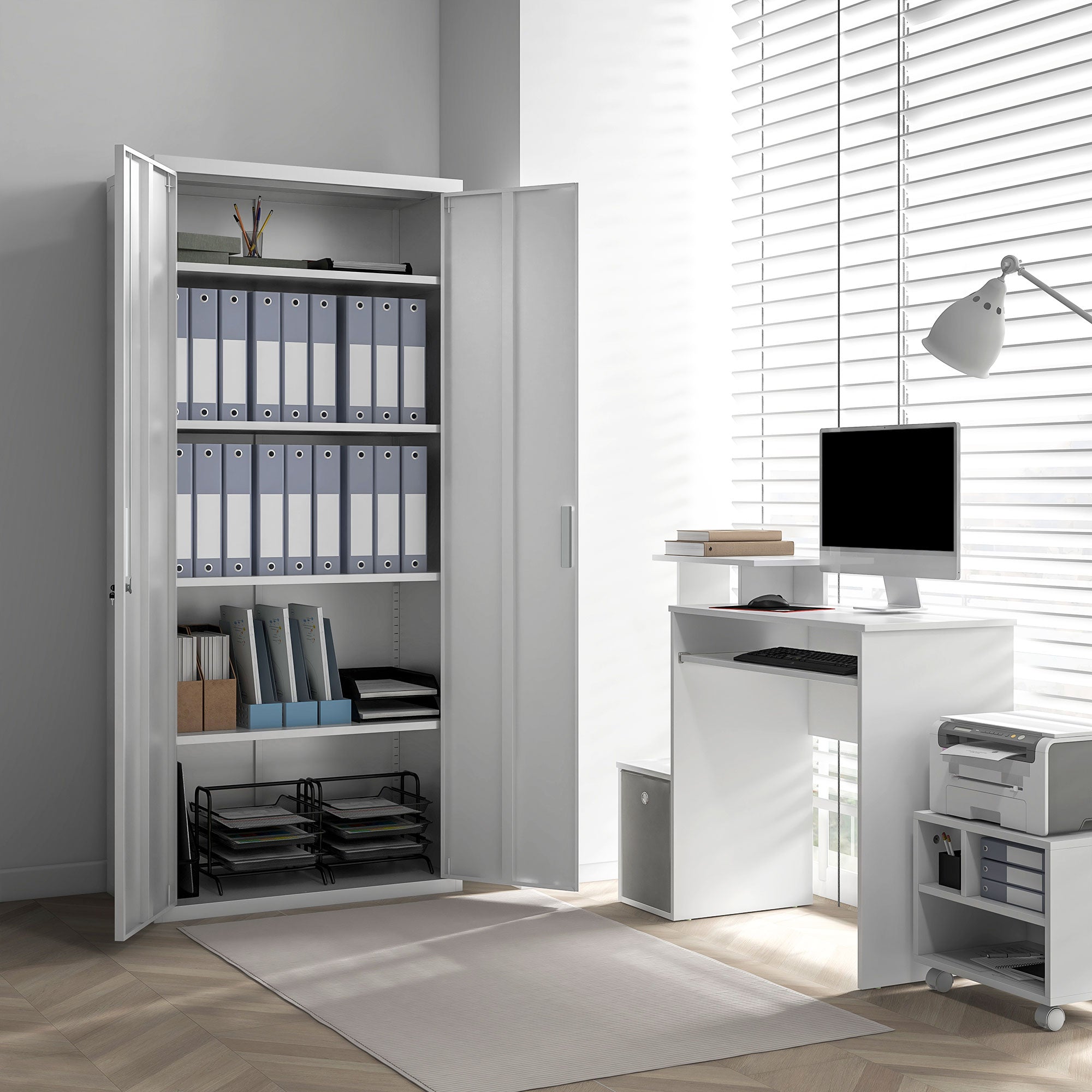 HOMCOM Five Shelf Lockable Steel Office Cabinet - White - North Peak Garden Furniture