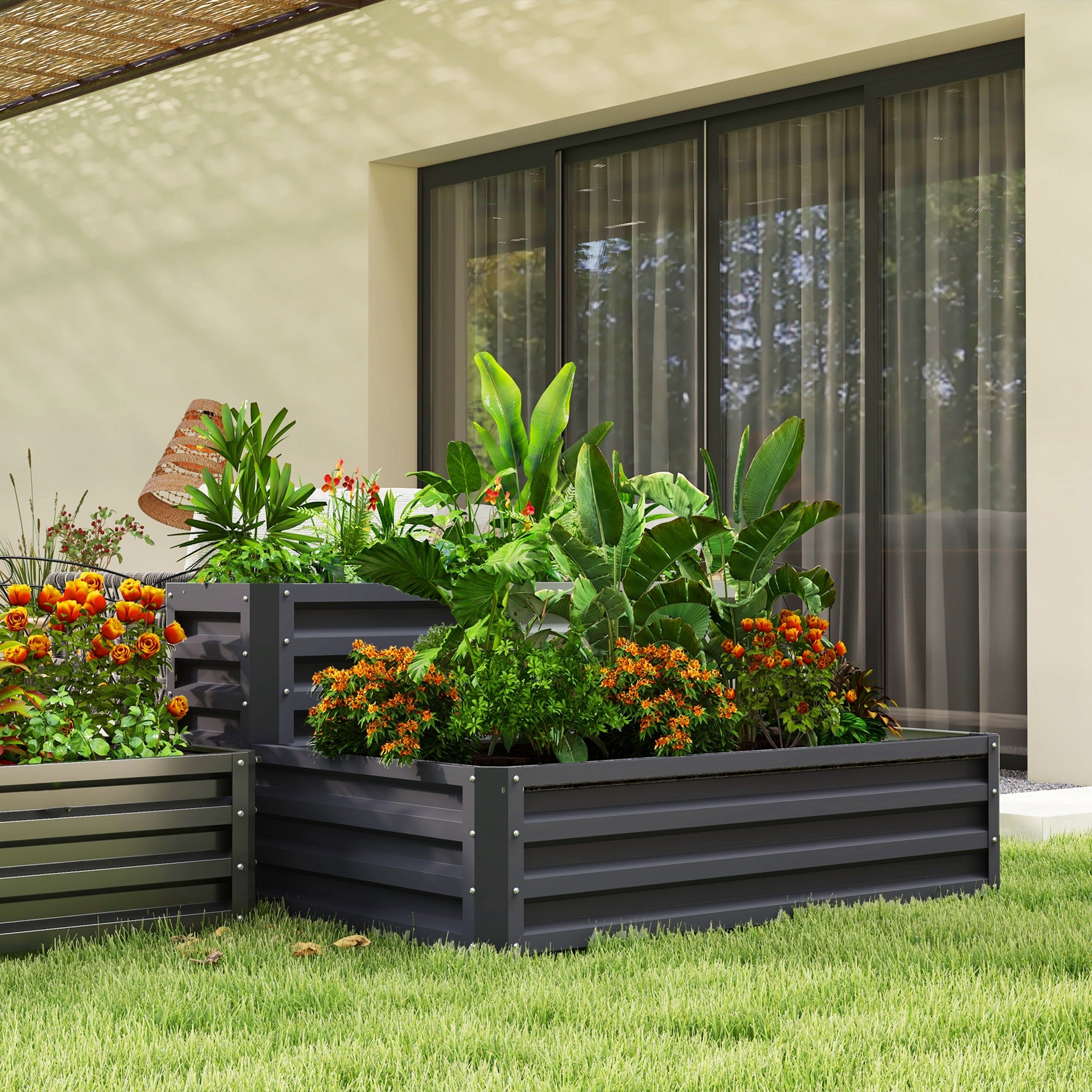 Outsunny 2 Tier Raised Garden Bed, Galvanised Planter Box with Open Bottom for Vegetables Flowers Herbs, 120x101x58cm, Dark Grey - North Peak Garden Furniture