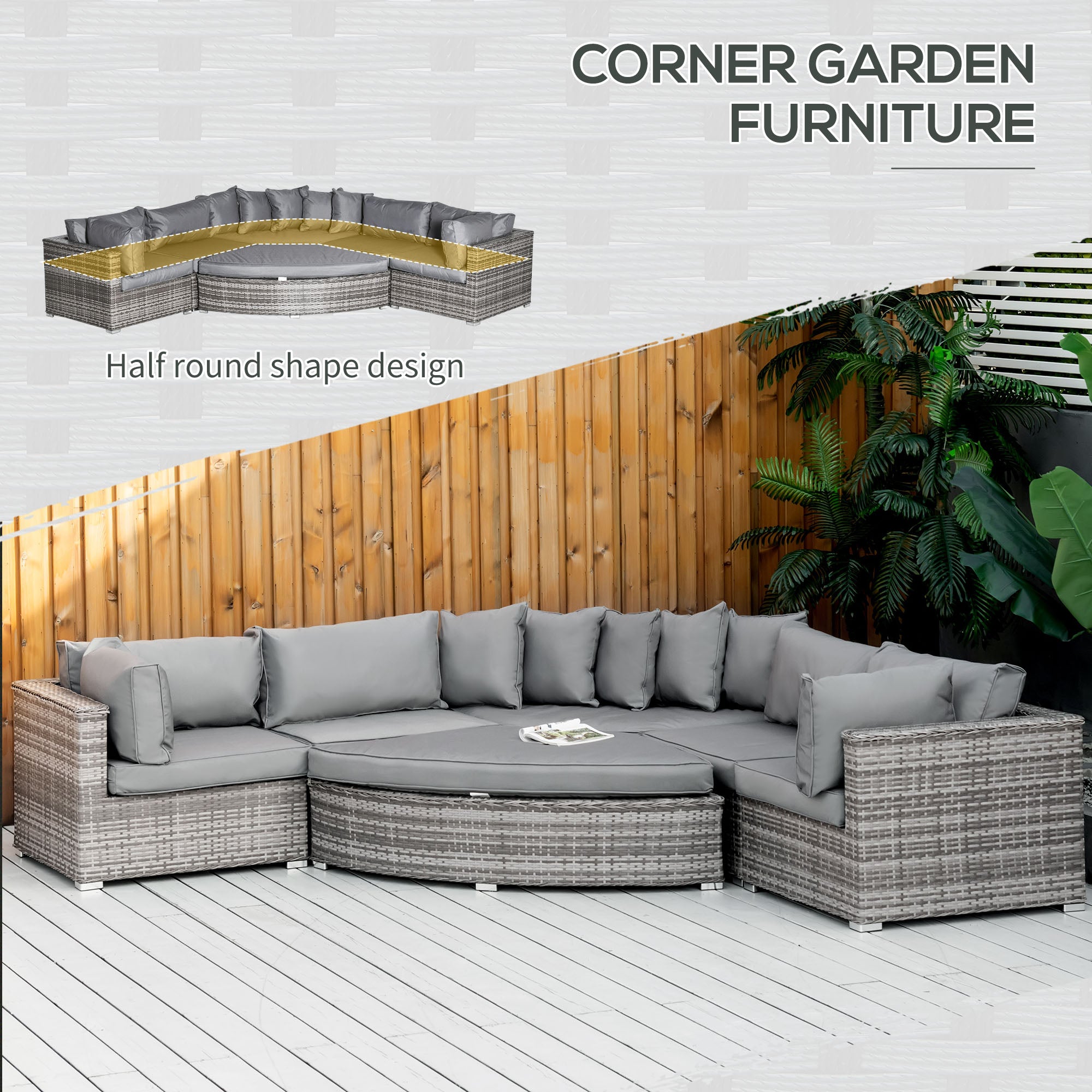 Outsunny 6-Seater Outdoor Rattan Wicker Sofa Set Half Round Patio Conversation Furniture Set w/ Cushions Grey | Aosom UK