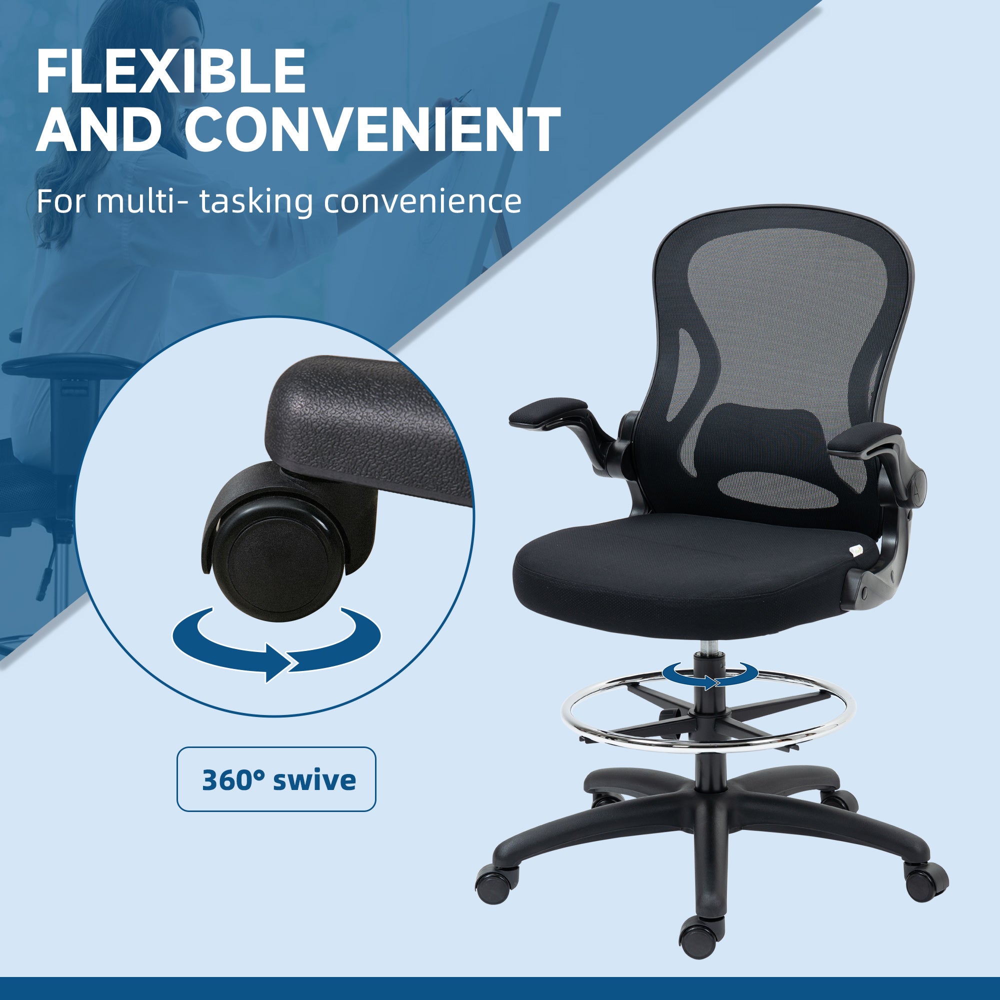 Vinsetto Adjustable Mesh Standing Desk Chair with Flip-up Armrests Lumbar Support Armrests Adjustable Footrest Ring Black - North Peak Garden Furniture