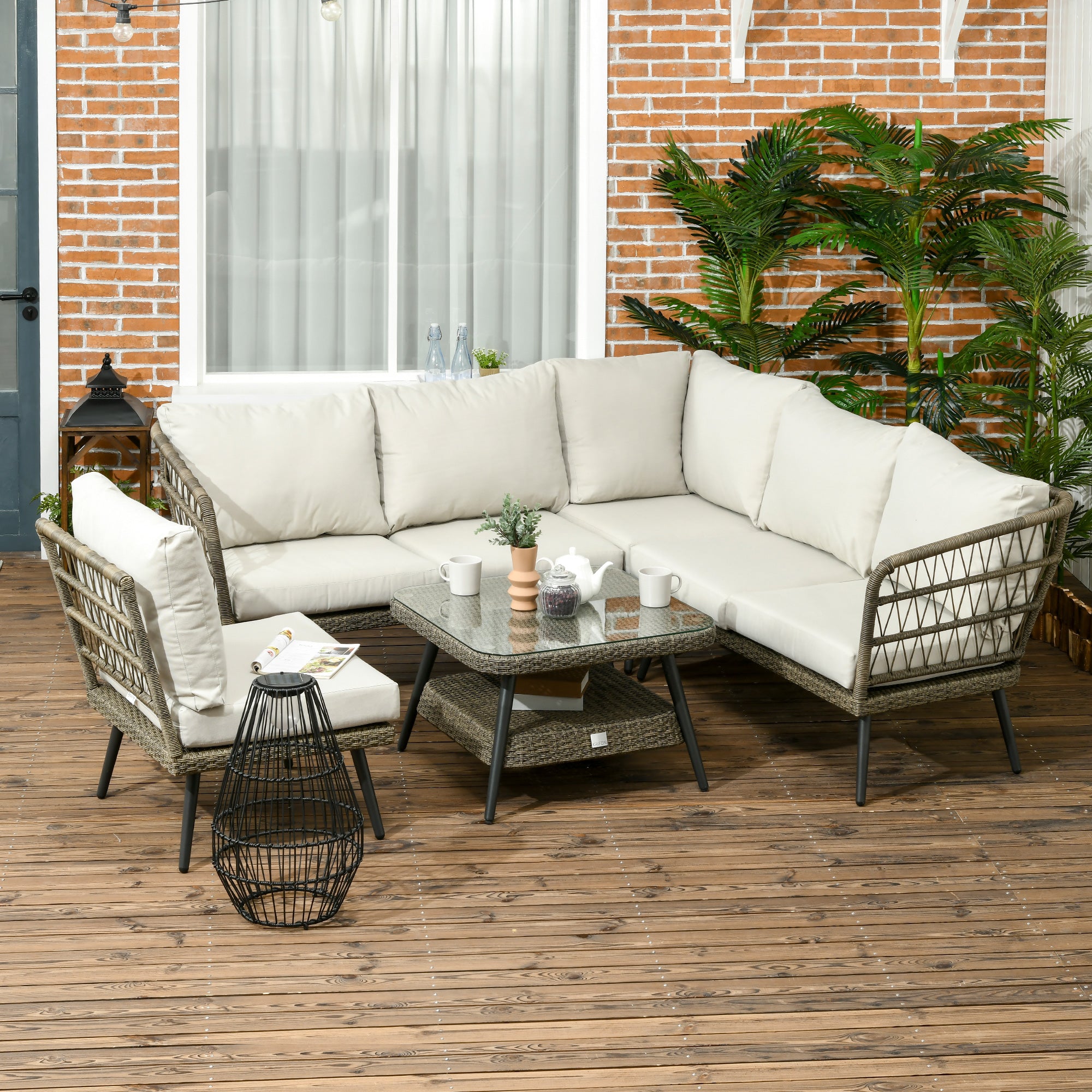 Outsunny 5 Pieces Outdoor Rattan Corner Sofa, Round and Twin Half-round Wicker Woven Rattan Garden Furniture w/ Thick Padded Cushions and Tempered Glass Top Two-tier Table, Grey - North Peak Garden Furniture