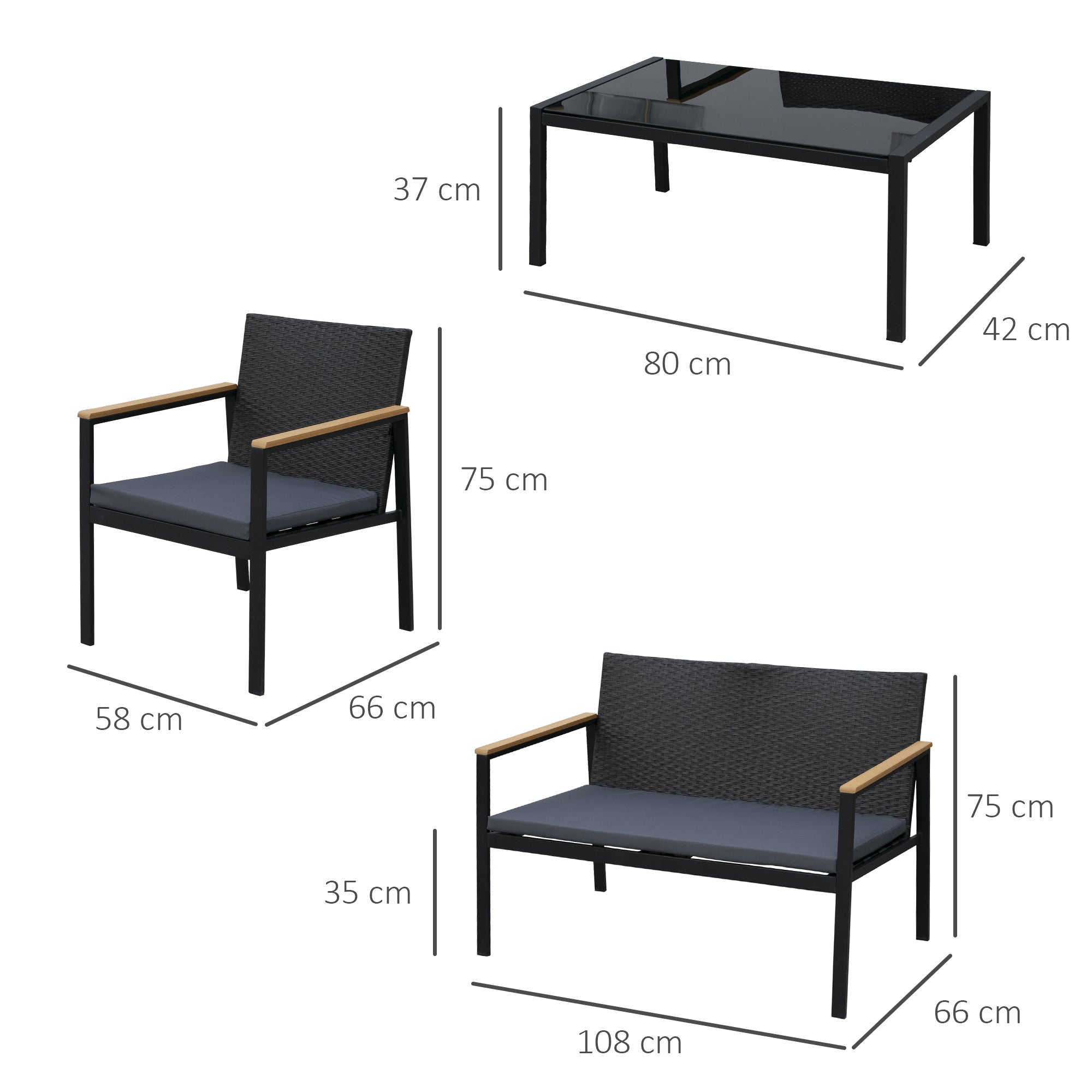 Outsunny 4PC Rattan Garden Furniture Set 2 Single Sofa Arm Chairs 1 Bench Loveseat with Cushions & Coffee Table Patio Backyard Wicker Weave - North Peak Garden Furniture