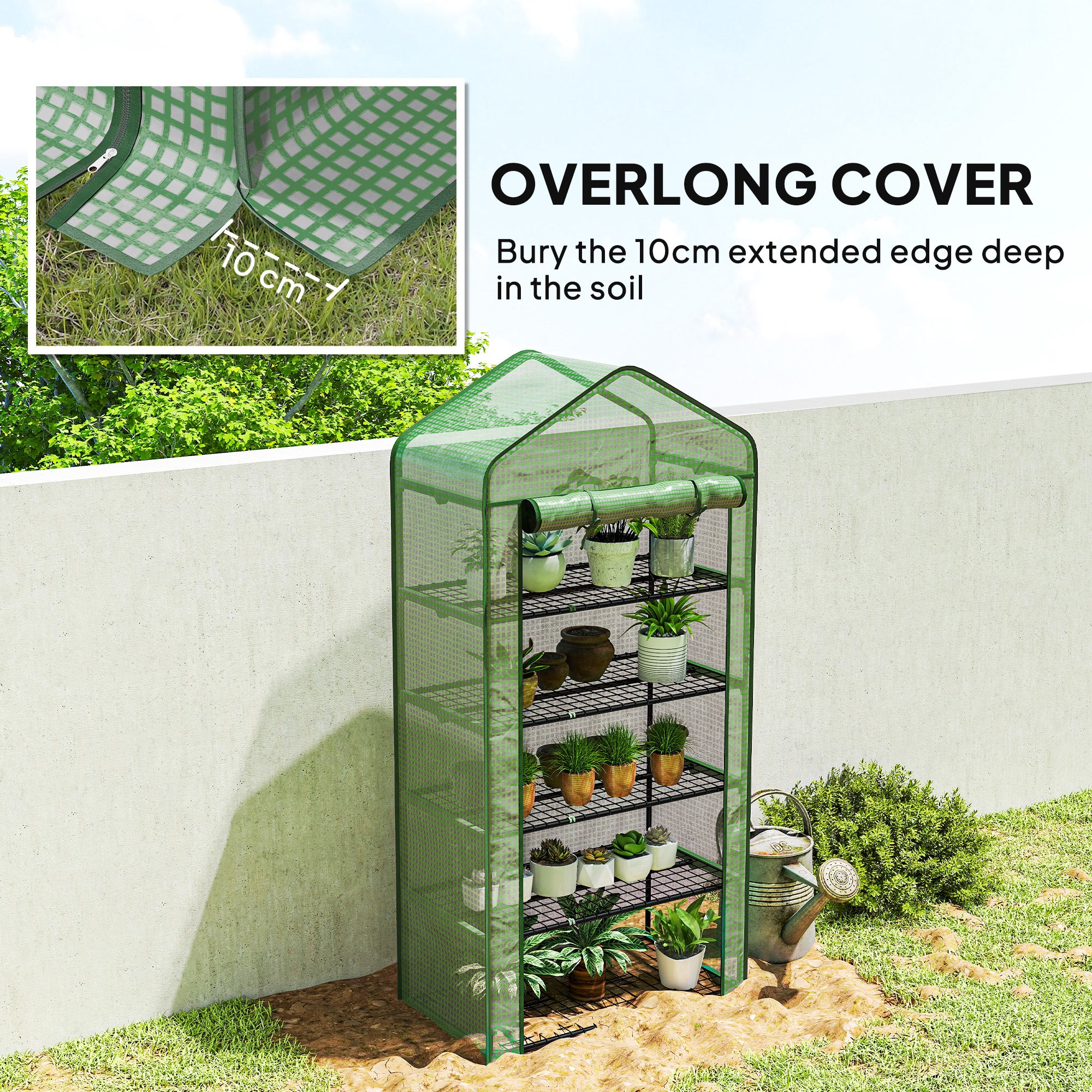 Outsunny 5 Tier Widened Mini Greenhouse with Reinforced PE Cover, Portable Indoor Outdoor Green House with Roll-up Door and Wire Shelves, 193H x 90W x 49Dcm, Green