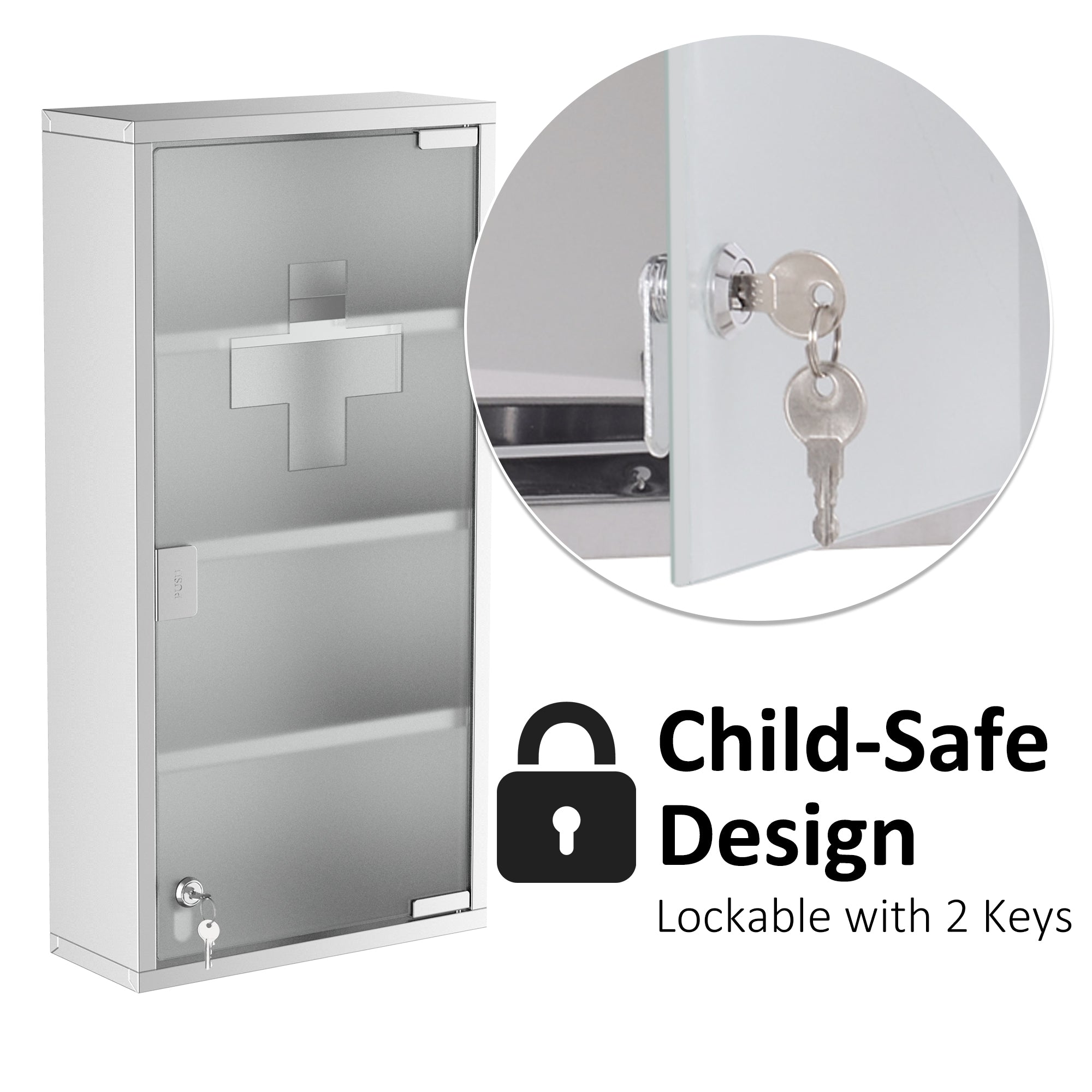 HOMCOM 4 Tier Stainless Steel Wall Mounted Medicine Cabinet Glass Lockable Door Storage Shelves Houseware Bathroom Furniture 60Hx30Wx12D(cm) w/2 Keys - North Peak Garden Furniture