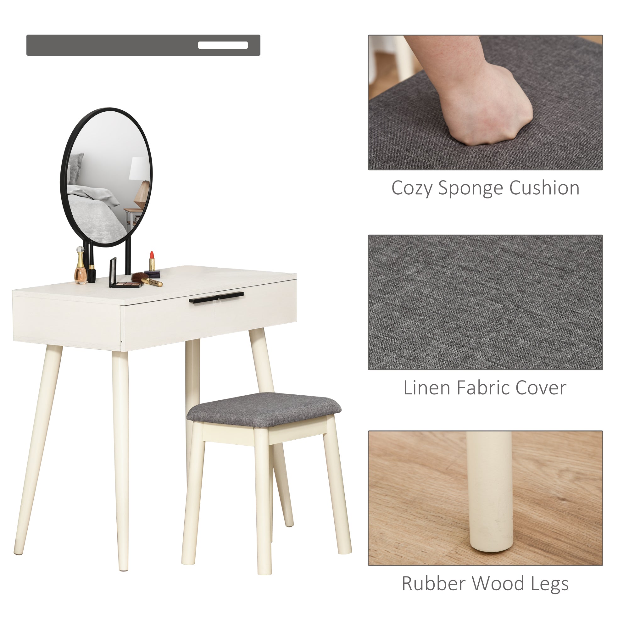 HOMCOM Dressing Table with Mirror and Stool, Vanity Makeup Desk Set with 2 Drawers, Cushioned Stool and Make-up Organizer for Bedroom and Dressing Room, White - North Peak Garden Furniture