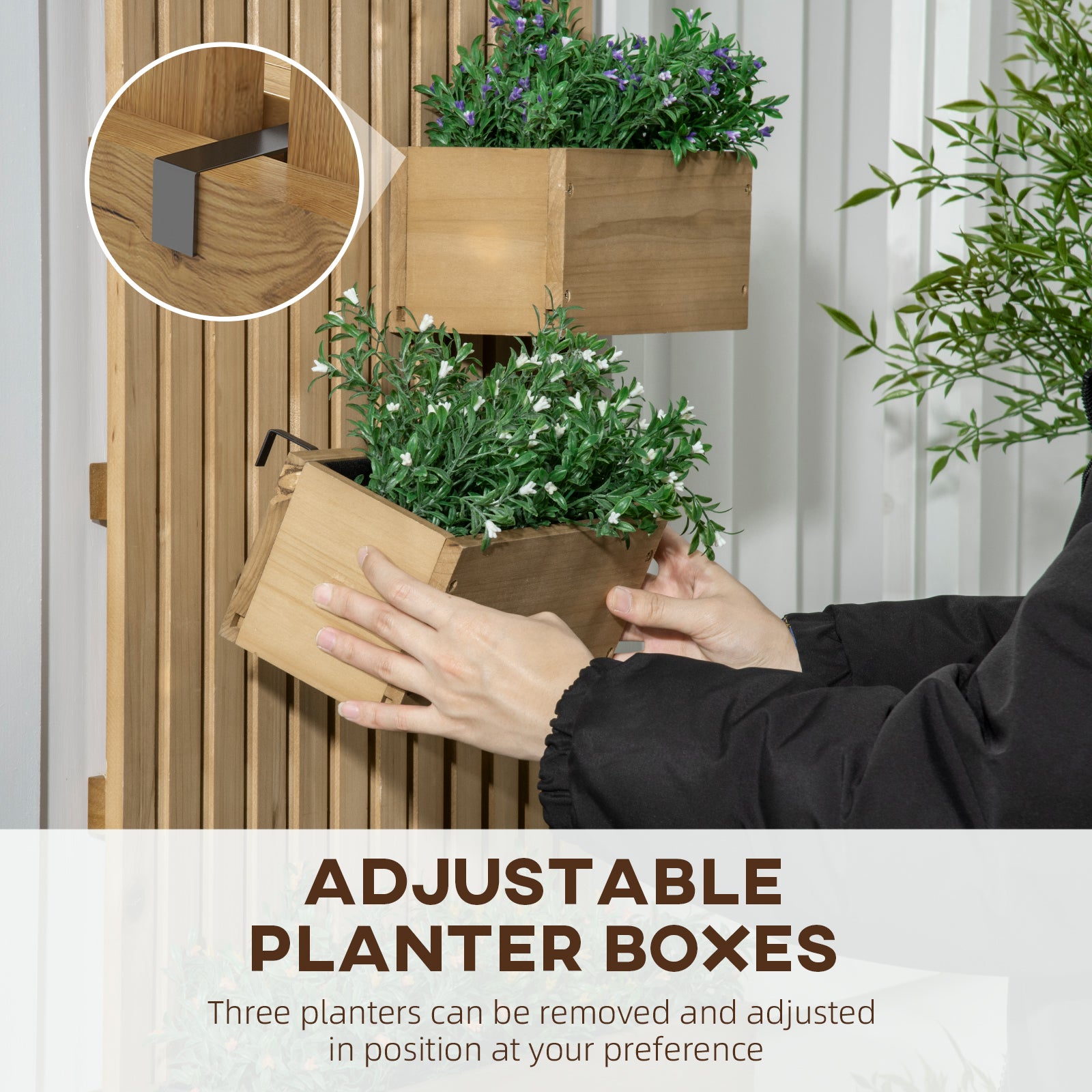 Outsunny Wall-mounted Wooden Garden Planters with Trellis, Drainage Holes and 3 Planter Boxes for Patio, Carbonised - North Peak Garden Furniture
