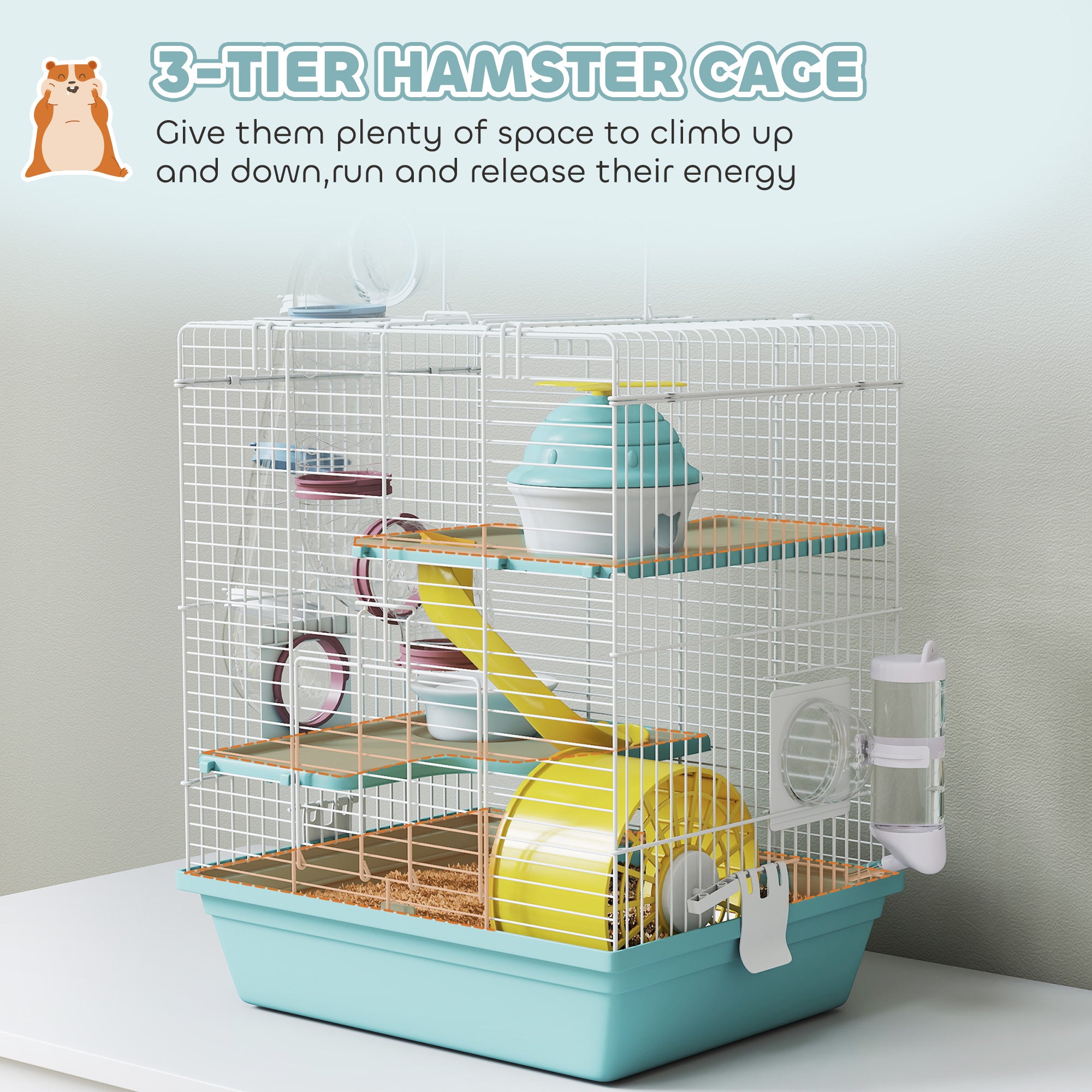 PawHut 3-Level Hamster Cage with Exercise Wheel, Water Bottle, Food Bowl, for Dwarf Hamsters, 34.5 x 27.5 x 41 cm, Blue