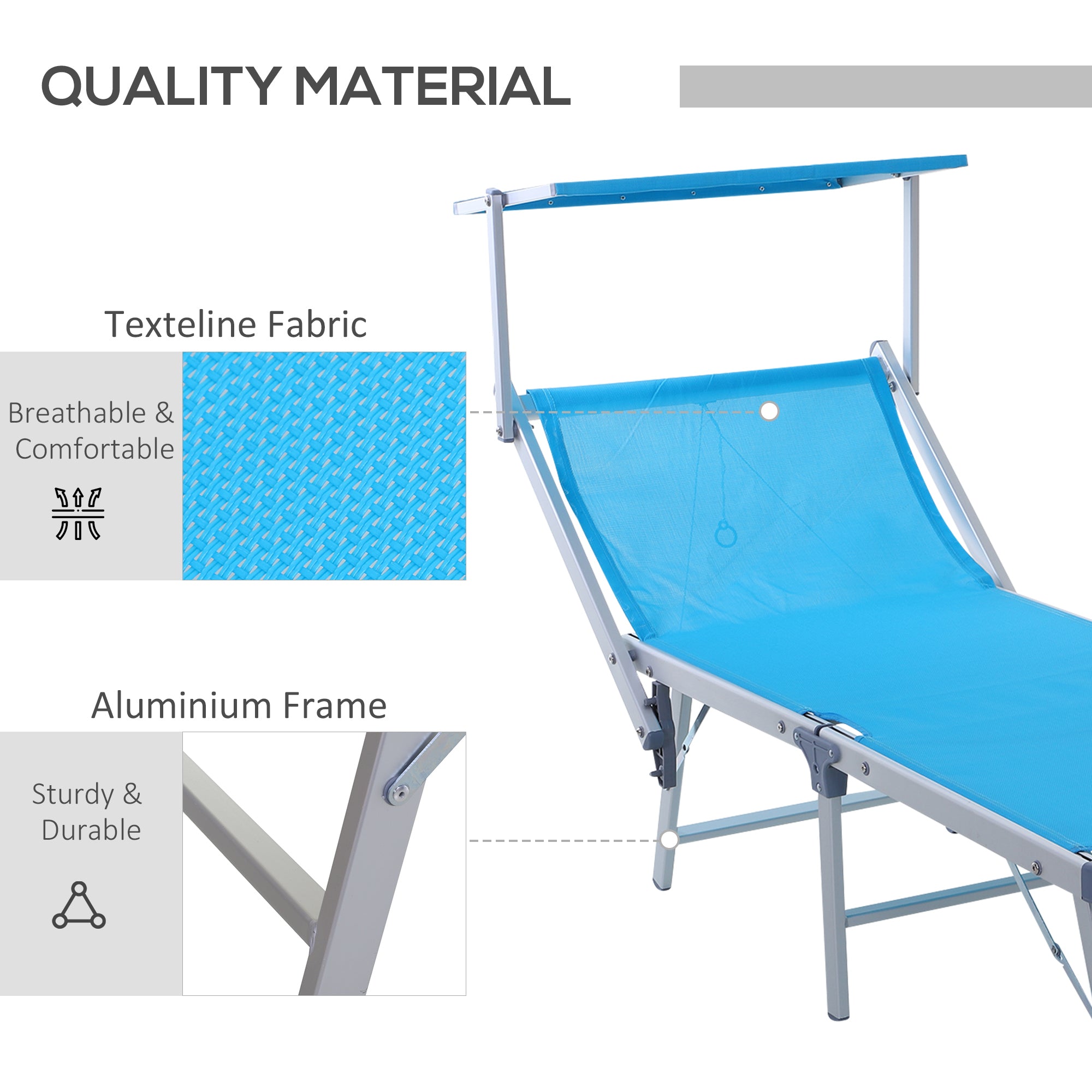 Outsunny Aluminium Foldable Sun Lounger, Outdoor Adjustable Backrest Reclining Chaise Lounge Chair with Sun Roof, Blue