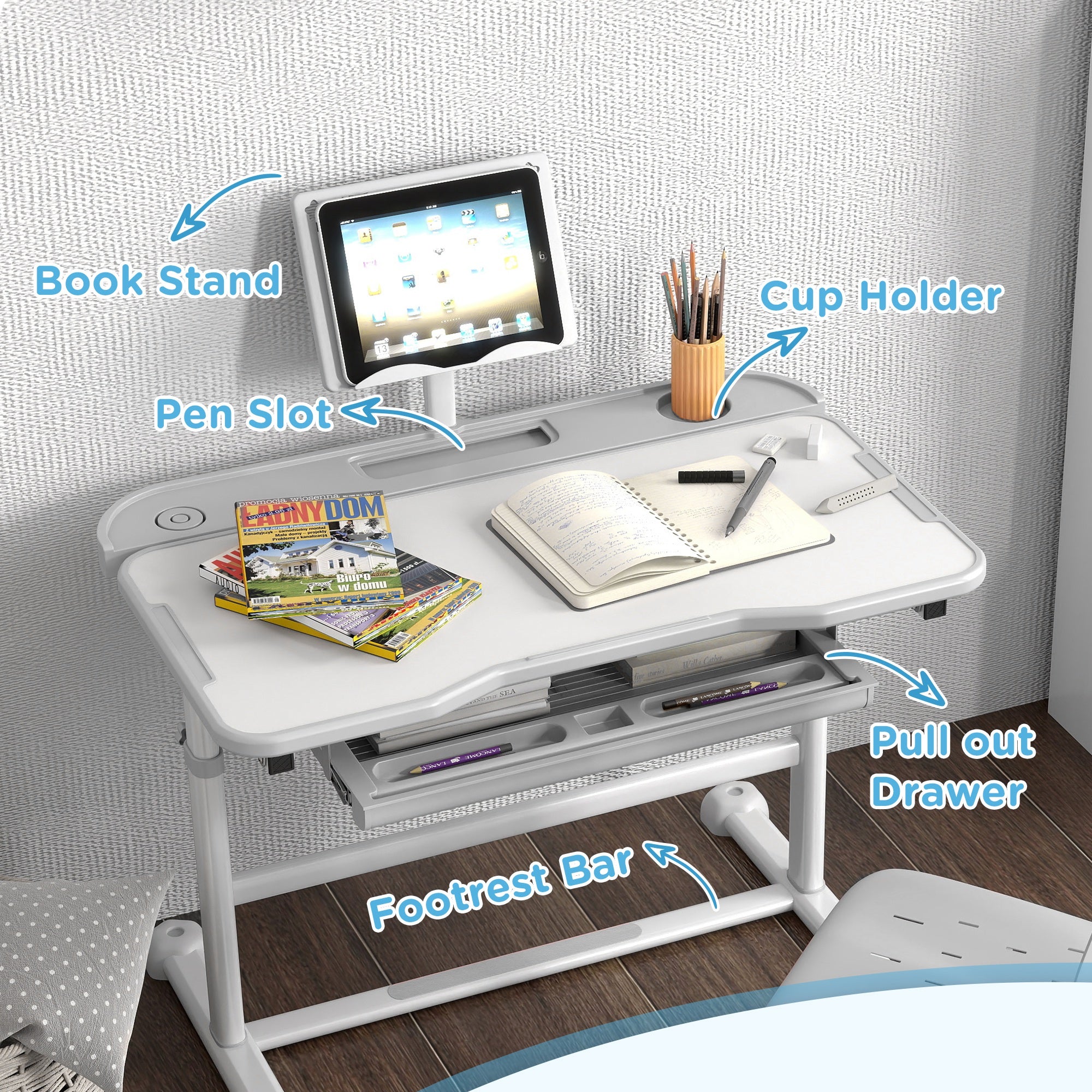 AIYAPLAY Height Adjustable Kids Desk and Chair Set, School Study Writing, Reading Table Chair Set w/ Tilted Desktop, Grey - North Peak Garden Furniture