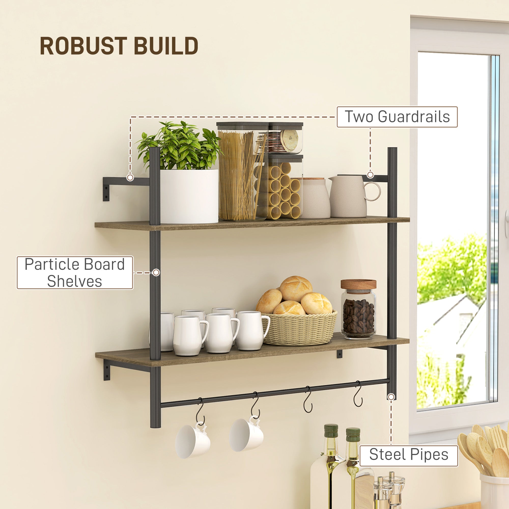 HOMCOM Wall Mounted Floating Shelves with 4 Hooks, Rustic Wall Shelf Unit for Living Room, Entryway, Grey - North Peak Garden Furniture
