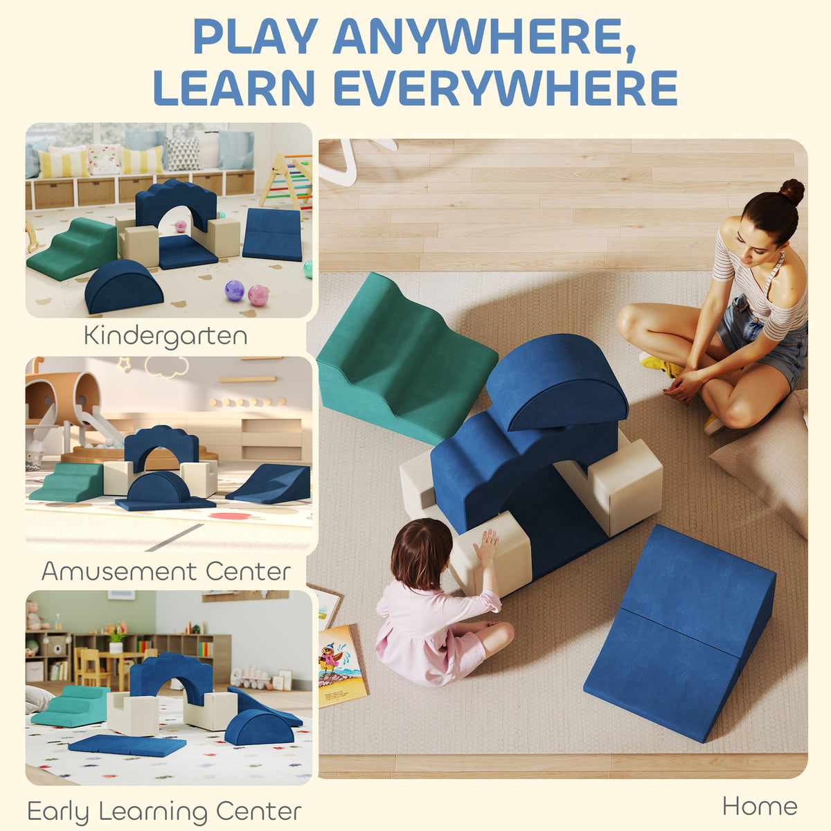 AIYAPLAY 7 Piece Kids Soft Play Set with Detachable Cover, Baby Indoor Climb and Crawl Foam Toy for Toddlers, Dark Blue