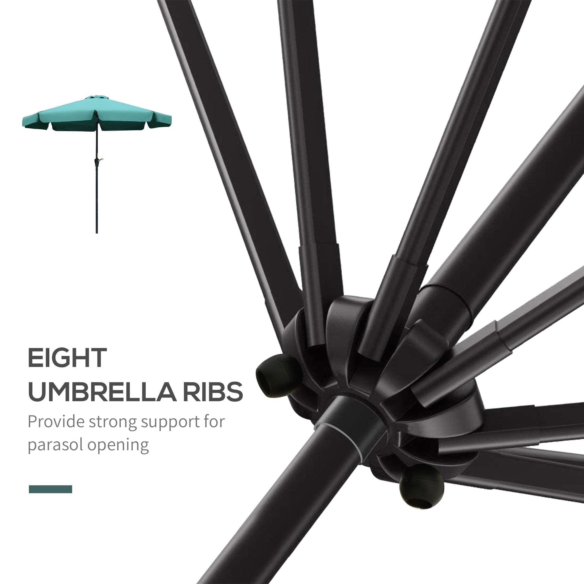Outsunny 2.7m Patio Parasol Garden Umbrellas Outdoor Sun Shade Table Umbrella with Tilt, Crank, 8 Ribs, Ruffles, Green - North Peak Garden Furniture