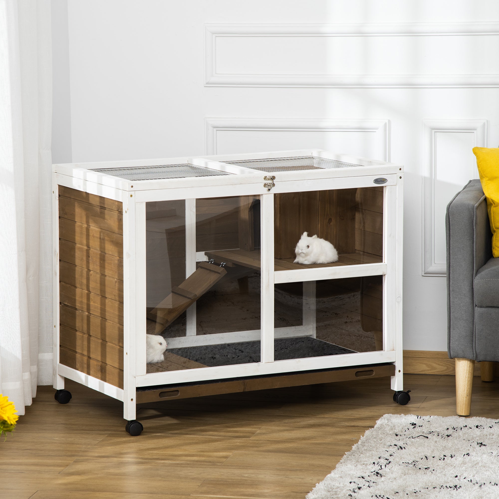 PawHut Wooden Rabbit Hutch, Bunny Cage w/ Tray, Ramp, Openable Roof, Wheels, 91.5 x 53.3 x 73cm - Brown - North Peak Garden Furniture