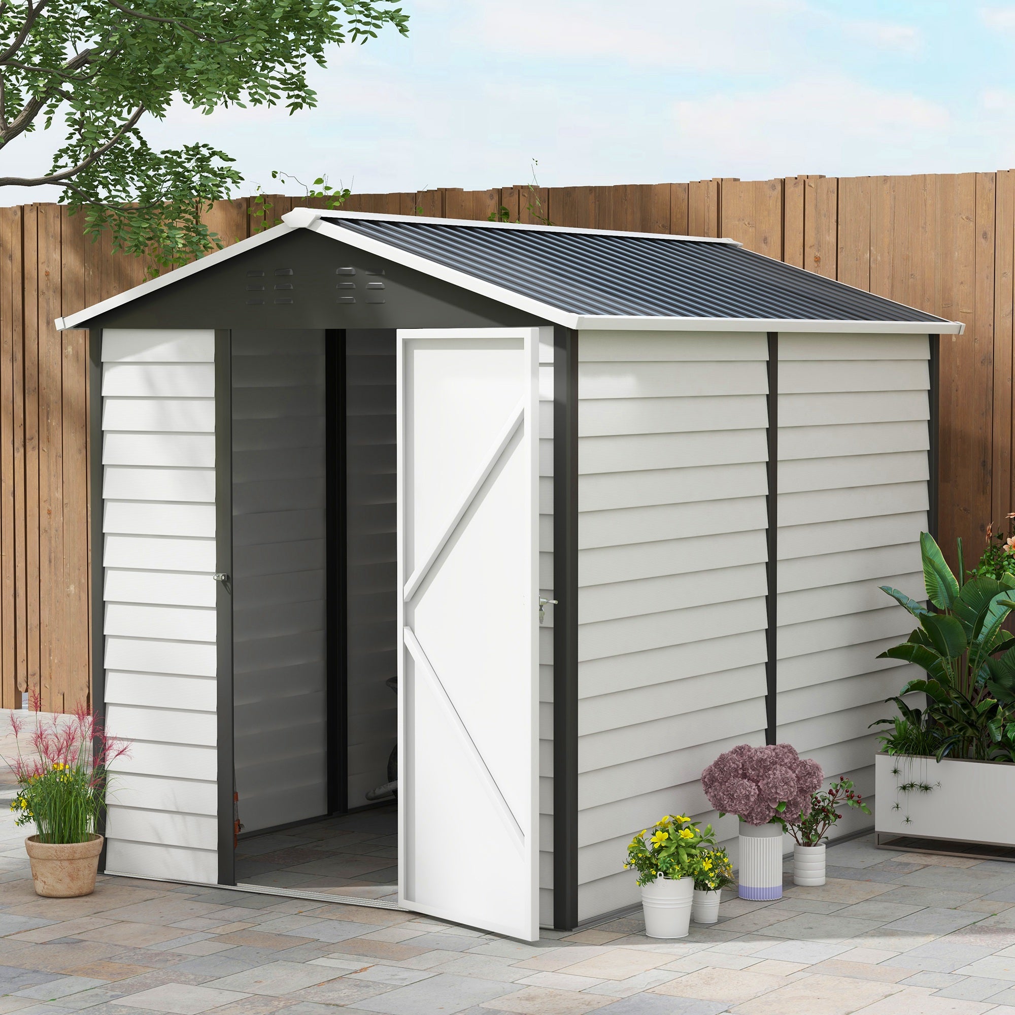 Outsunny 9x 6FT Metal Outdoor Garden Shed, Galvanised Tool Storage Shed w/ Sloped Roof, Lockable Door for Patio Lawn, Dark Grey - North Peak Garden Furniture