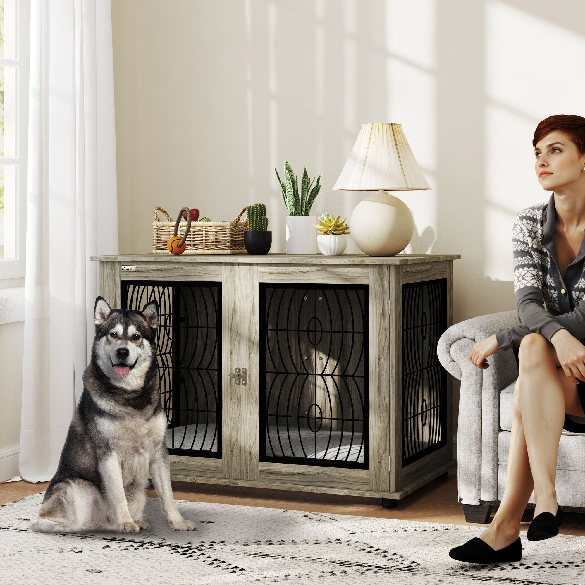 PawHut Indoor Dog Crate Furniture End Table with Soft Washable Cushion, Lockable Front Door, for Extra Large Dogs - Grey - North Peak Garden Furniture
