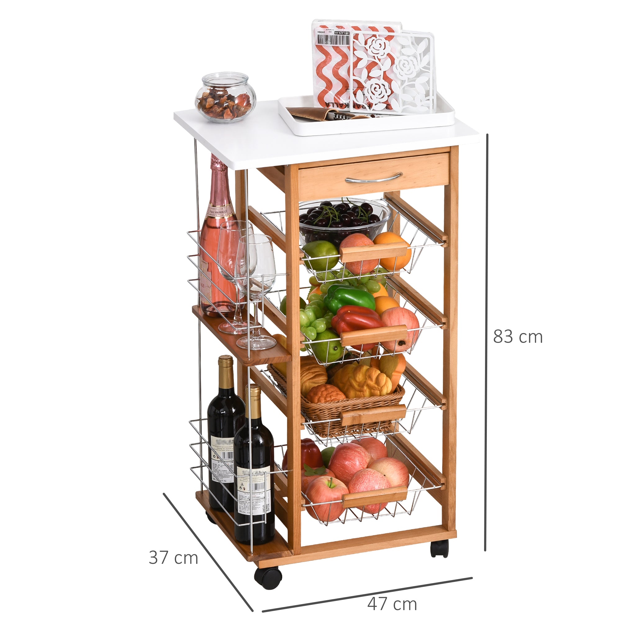 HOMCOM Rolling Kitchen Cart, Utility Storage Cart with 4 Basket Drawers & Side Racks, Wheels for Dining Room, Brown - North Peak Garden Furniture