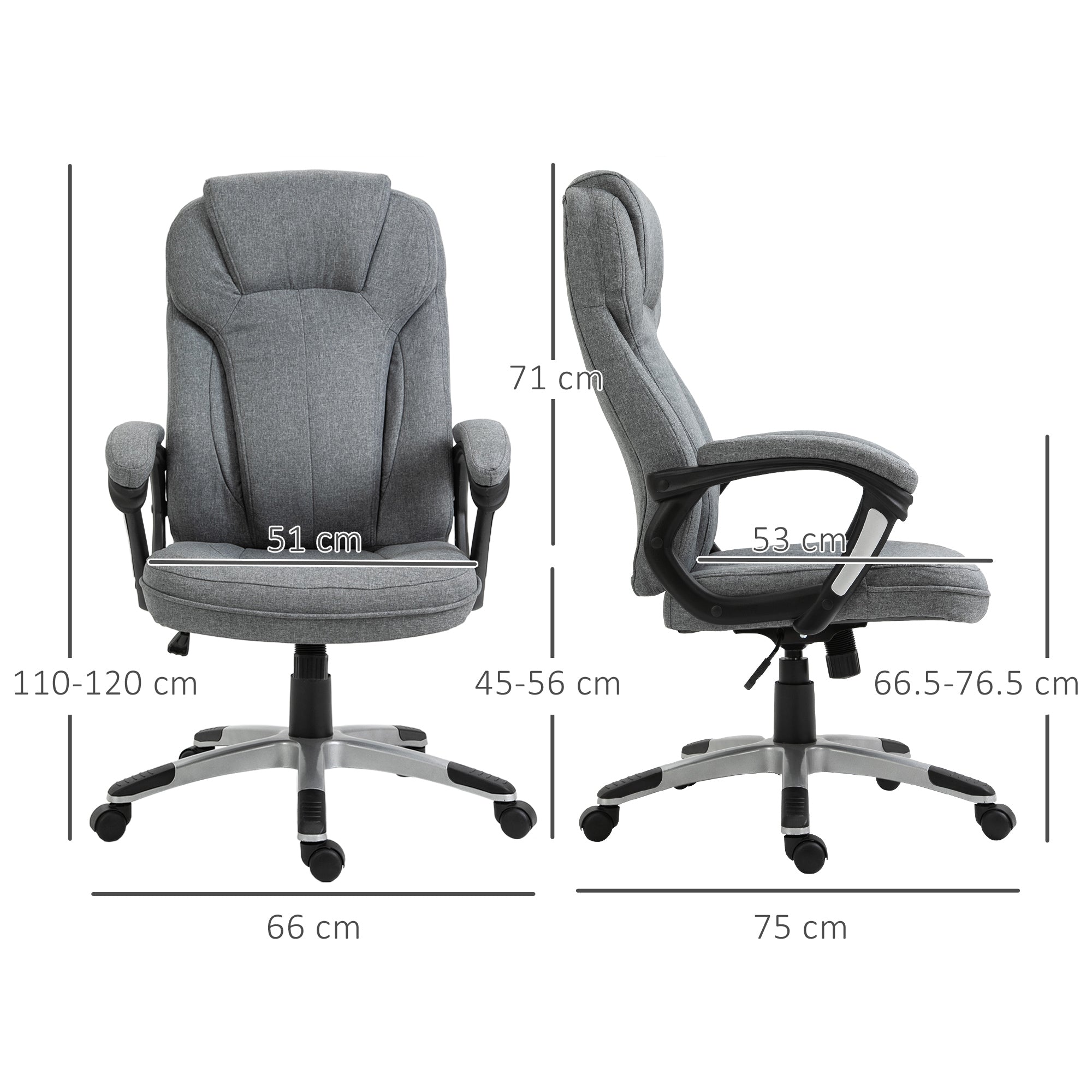 Vinsetto Office Chair, Linen Fabric Desk Chair, Height Adjustable Computer Chair with Padded Armrests, Swivel Wheels and Tilt Function, Grey - North Peak Garden Furniture