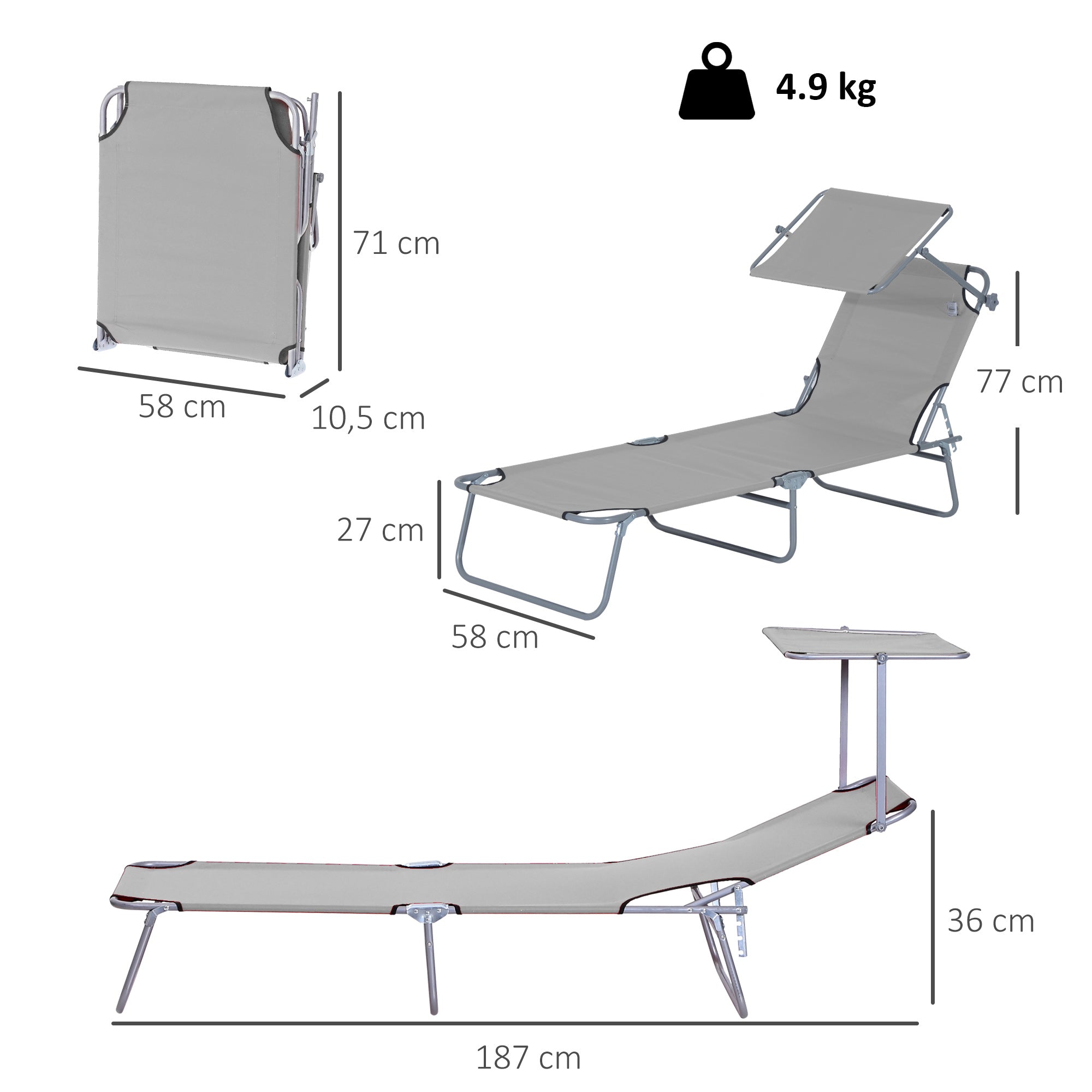 Outsunny Outdoor Foldable Sun Lounger, 4 Level Adjustable Backrest Reclining Sun Lounger Chair with Angle Adjust Sun Shade Awning for Beach, Garden, Patio, Light Grey - North Peak Garden Furniture