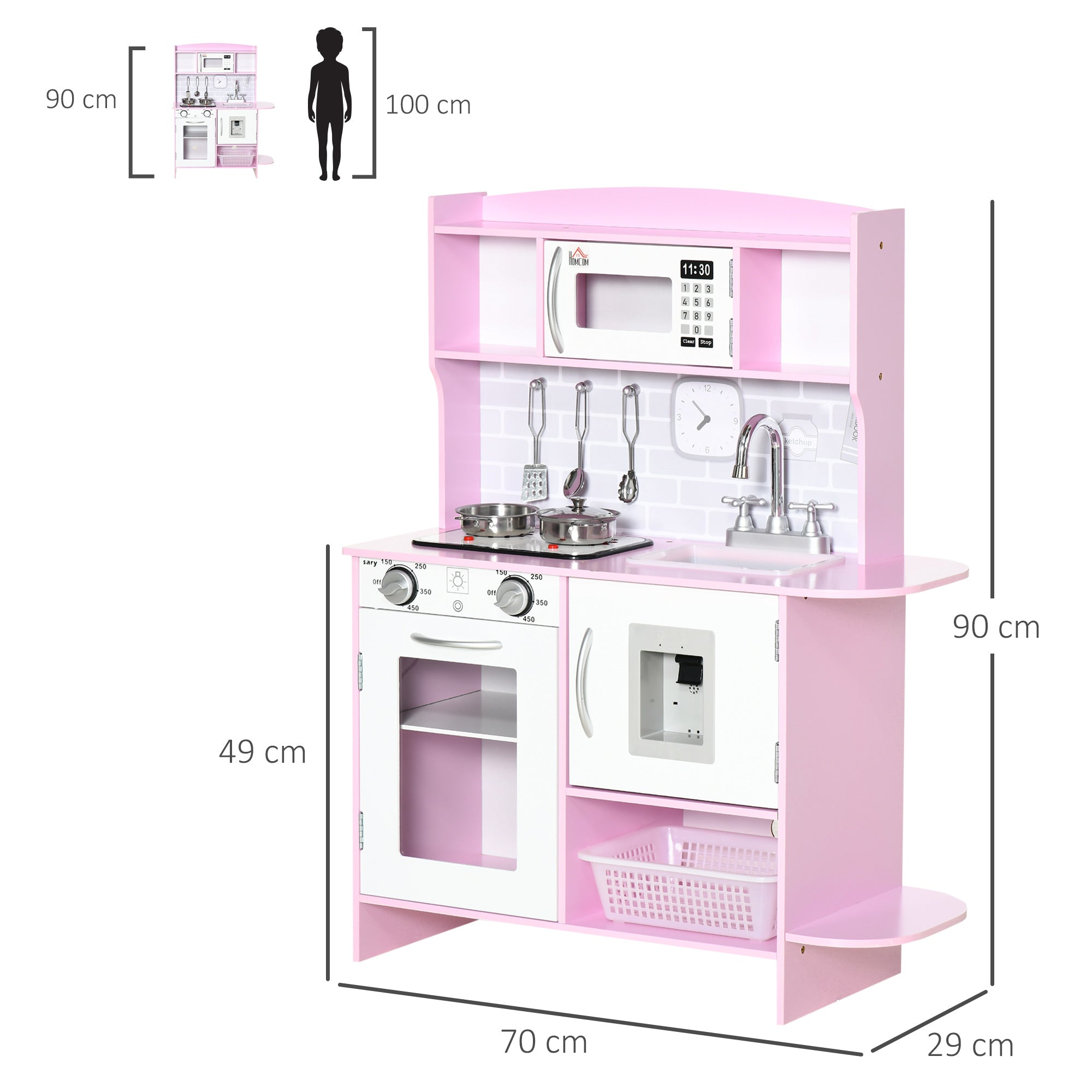 HOMCOM Kids Kitchen Playset, with Lights, Sounds, Microwave, Sink and Storage - Pink - North Peak Garden Furniture
