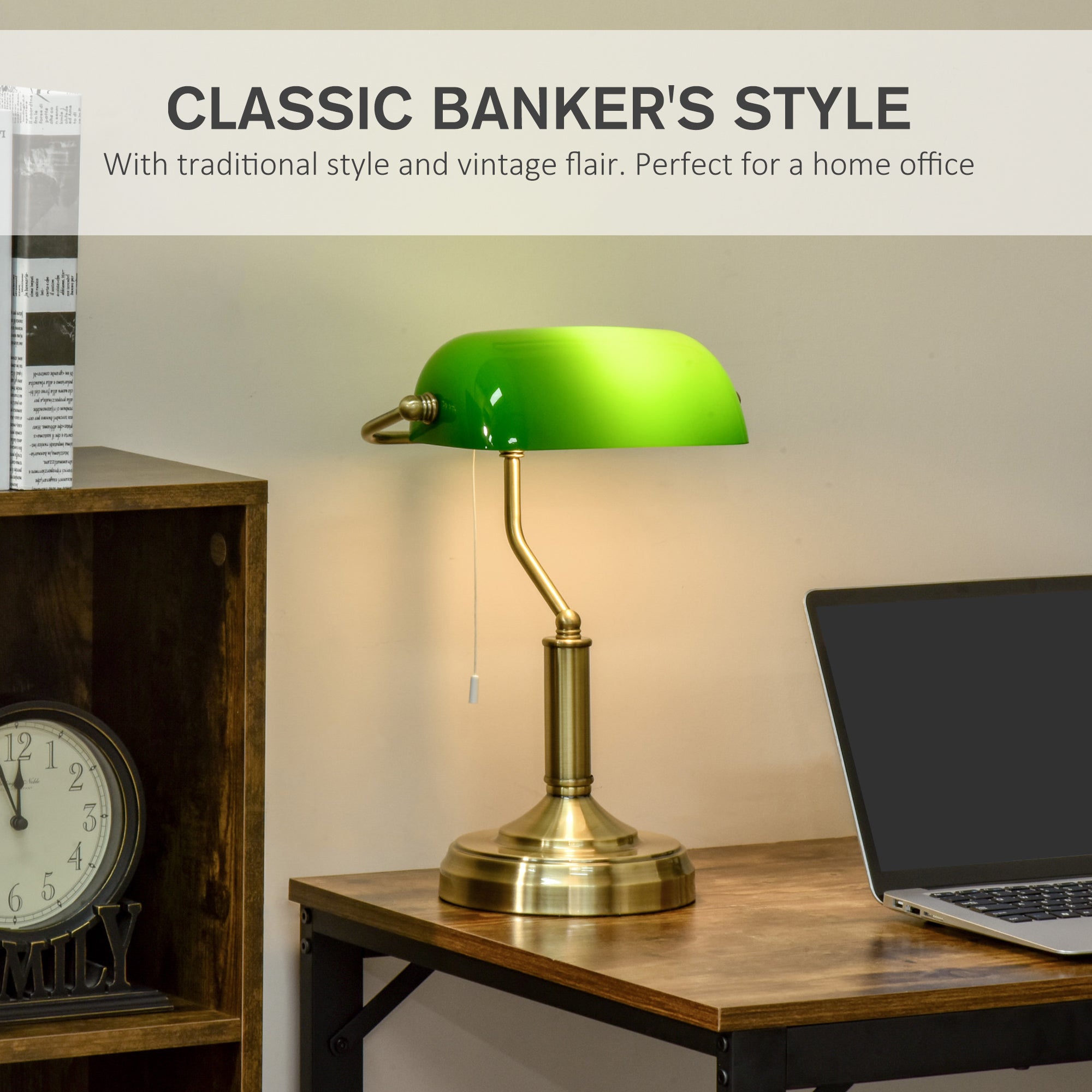 HOMCOM Banker's Desk Lamp with Antique Bronze Tone Base, Table Lamp with Green Glass Shade for Home Office, Green - North Peak Garden Furniture