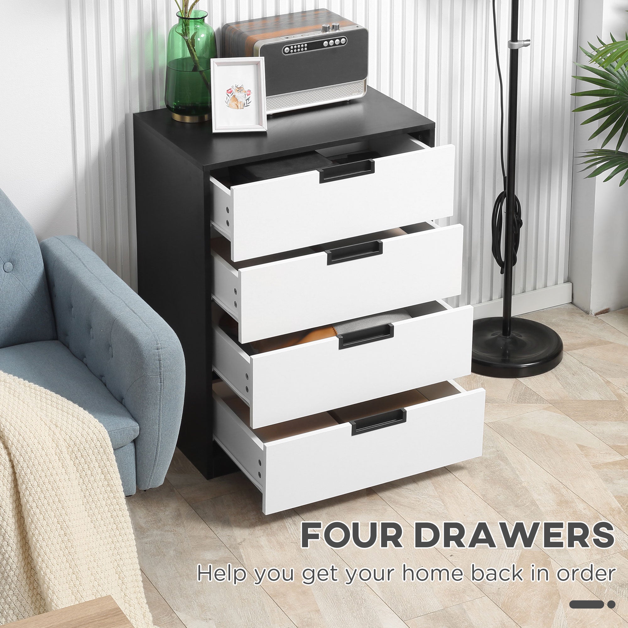HOMCOM Drawer Chest, 4-Drawer Storage Cabinet Organiser for Bedroom, Living Room, 60cmx40cmx80cm, White and Black - North Peak Garden Furniture