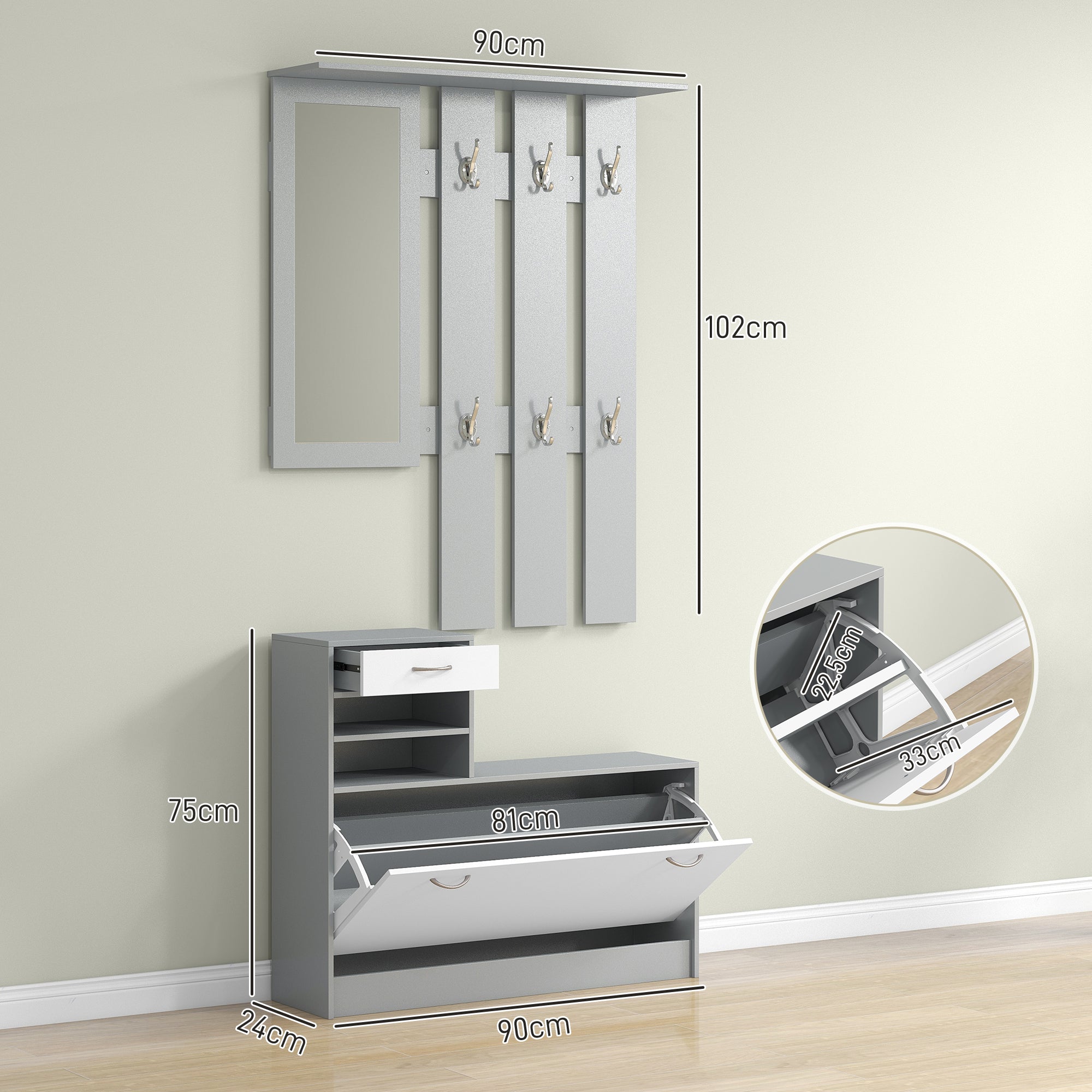 HOMCOM Three-in-One Hallway Storage Set - Grey/White - North Peak Garden Furniture