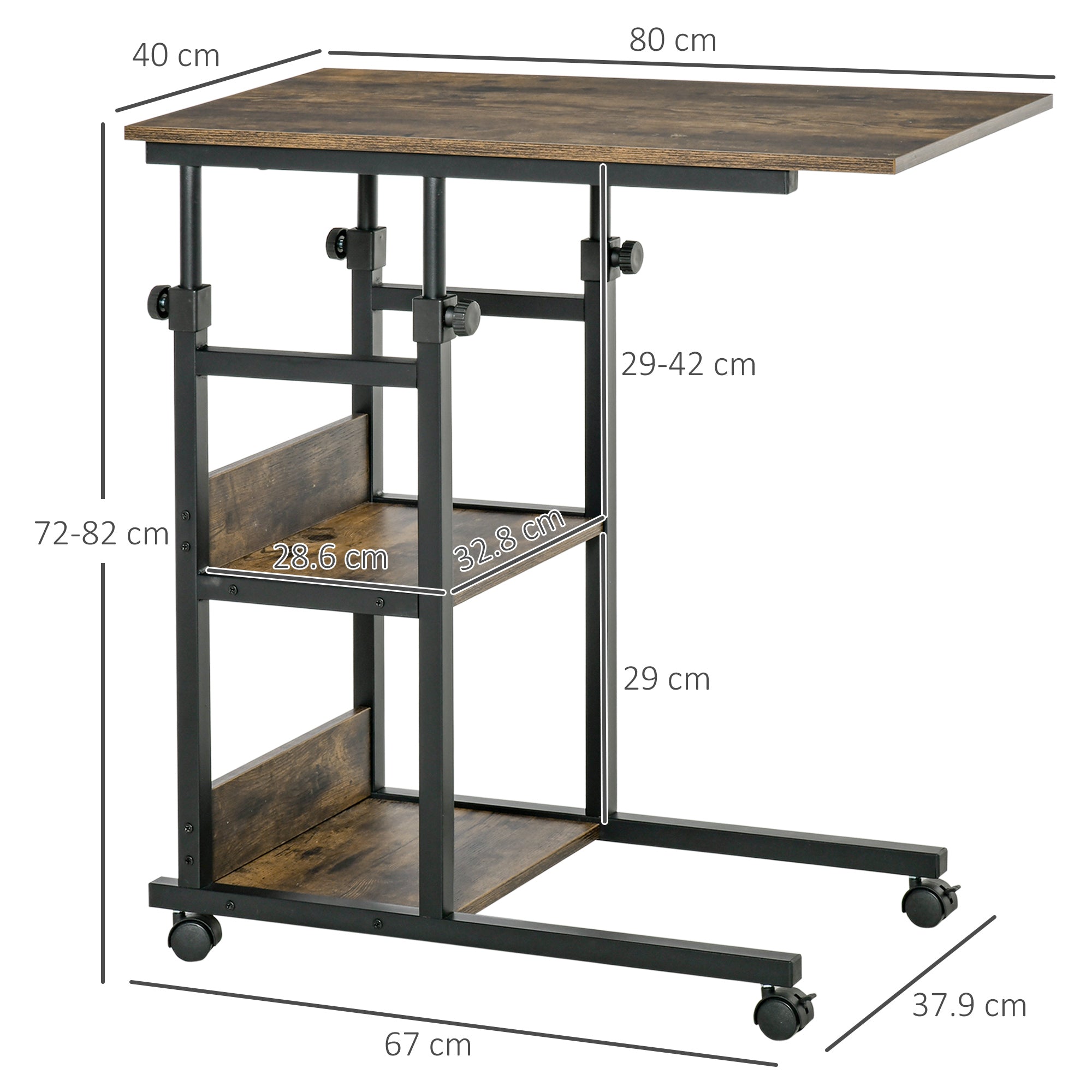 HOMCOM C-Shaped Side Table Industrial Mobile Rolling End Desk with 3-Tier Storage Shelving, Adjustable Height, Wheels - North Peak Garden Furniture