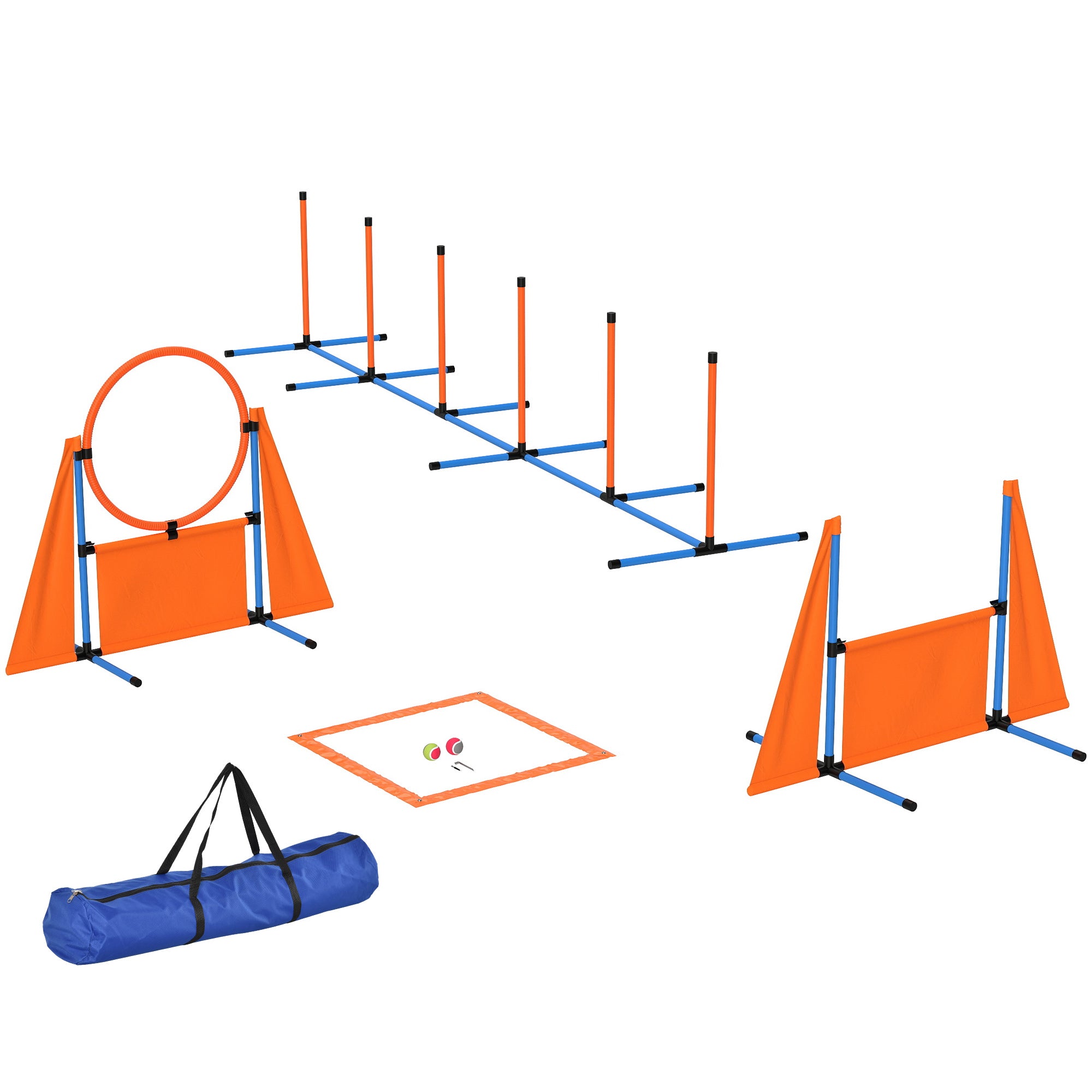 PawHut 6 Pieces Dog Agility Equipment Set with Weave Poles, Jump Ring and Hurdle, Pause Box and Carry Bag, Orange - North Peak Garden Furniture