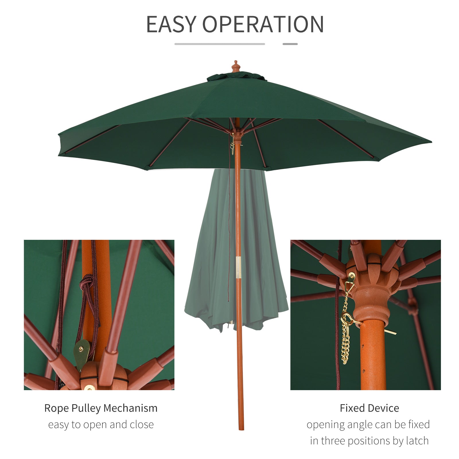 Outsunny 2.5m Garden Parasol Umbrella, Outdoor Market Table Umbrella with Wooden Pole & 8 Fibre Glass Ribs, Round Sun Shade Canopy, Green