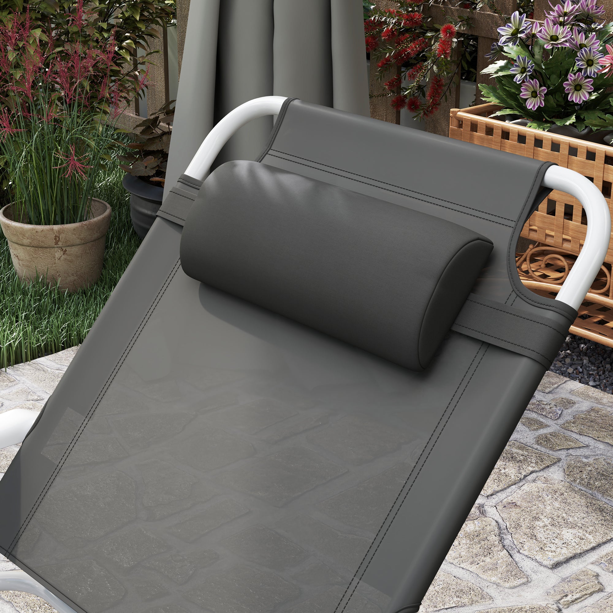 Outsunny Foldable Lounge Chair with 4-Level Adjustable Backrest & Headrest - Charcoal Grey - North Peak Garden Furniture