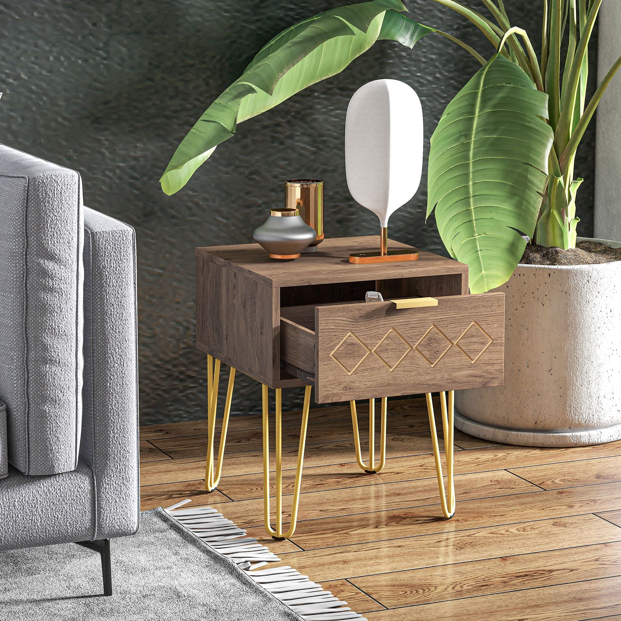 HOMCOM Bedside Table with Drawer, Wooden Nightstand, Modern Sofa Side Table with Gold Tone Metal Legs for Bedroom - North Peak Garden Furniture