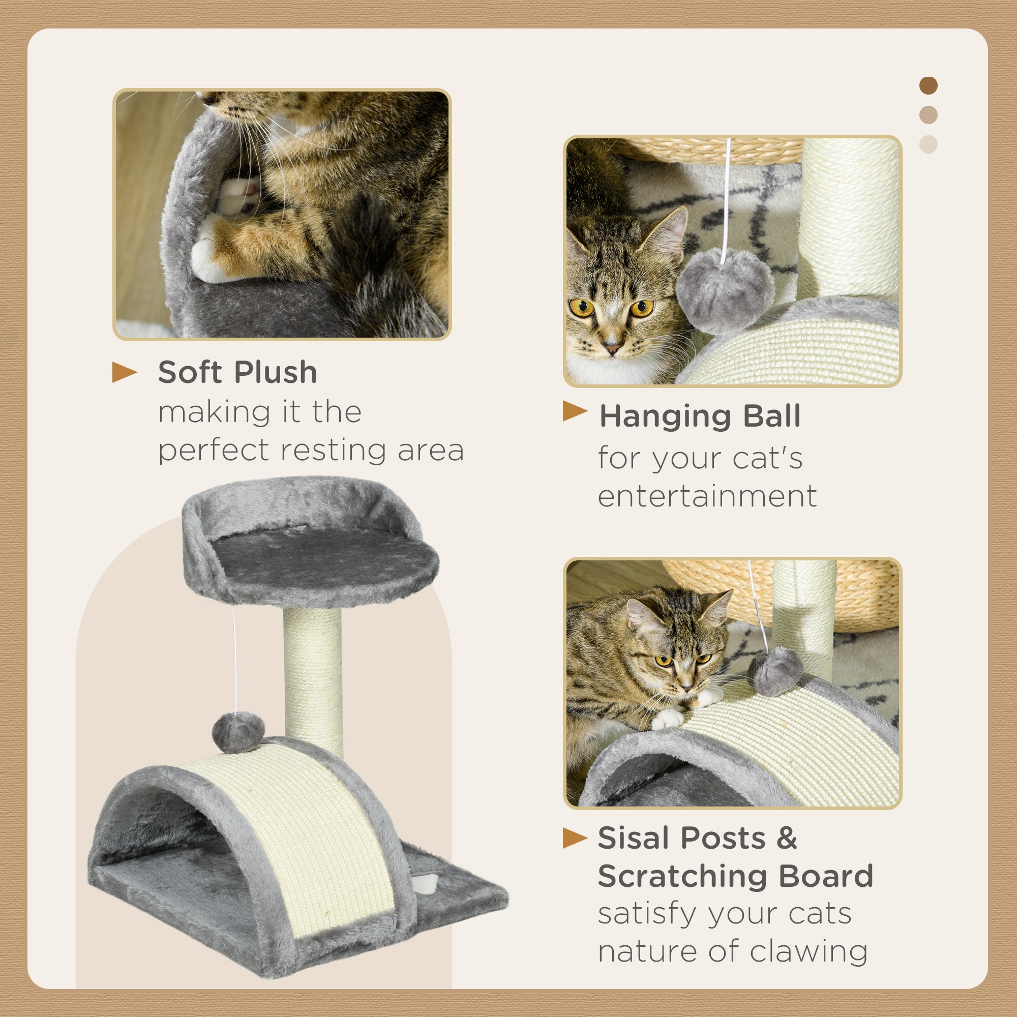 PawHut Cat Tree, Kitten Scratcher Activity Centre, with Sisal Scratching Post, Toy Ball - Grey - North Peak Garden Furniture