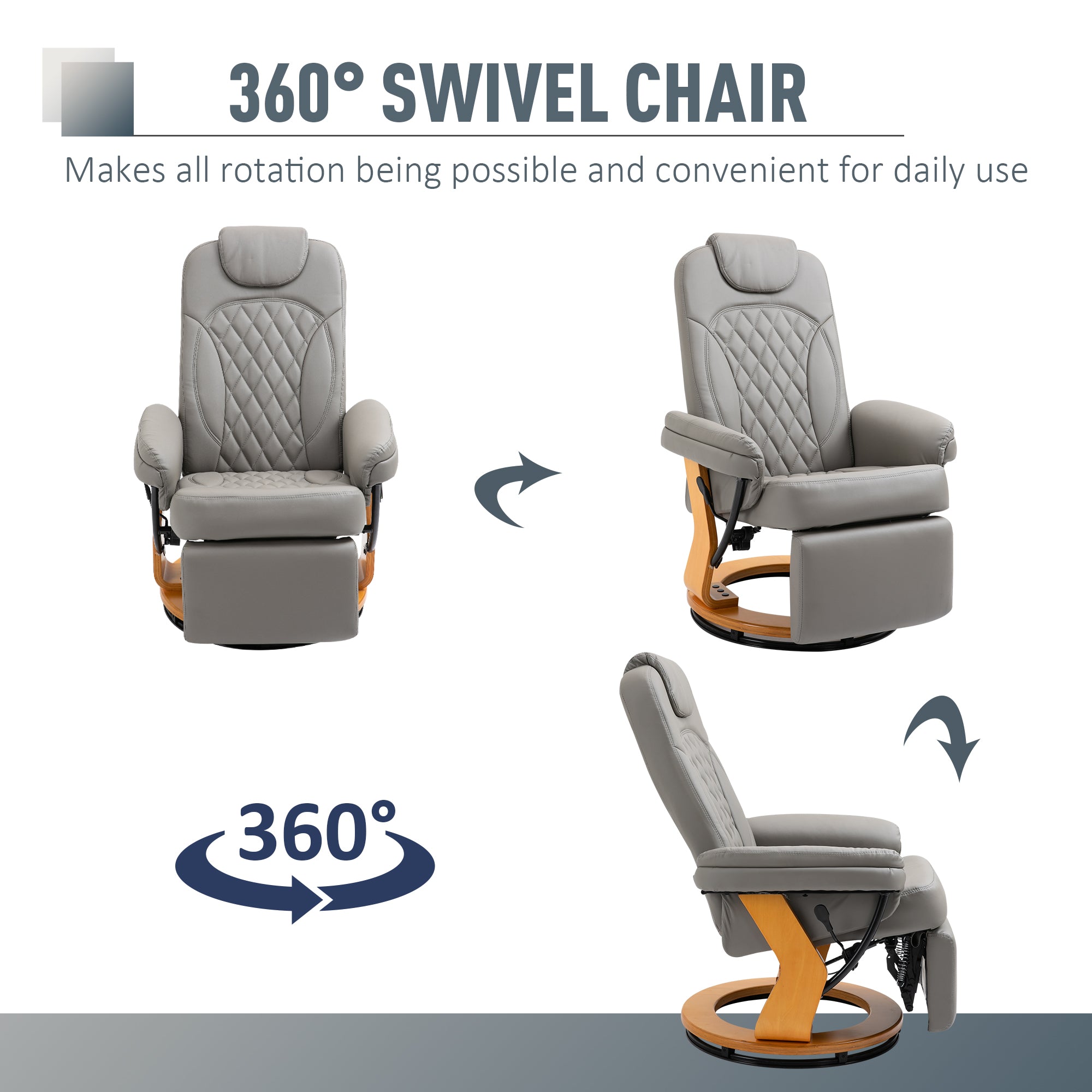 HOMCOM PU Recliner Chair with Footrest, Headrest, Round Wooden Base, Lounge Reading Armchair for Living Room, Bedroom and Office, Grey - North Peak Garden Furniture