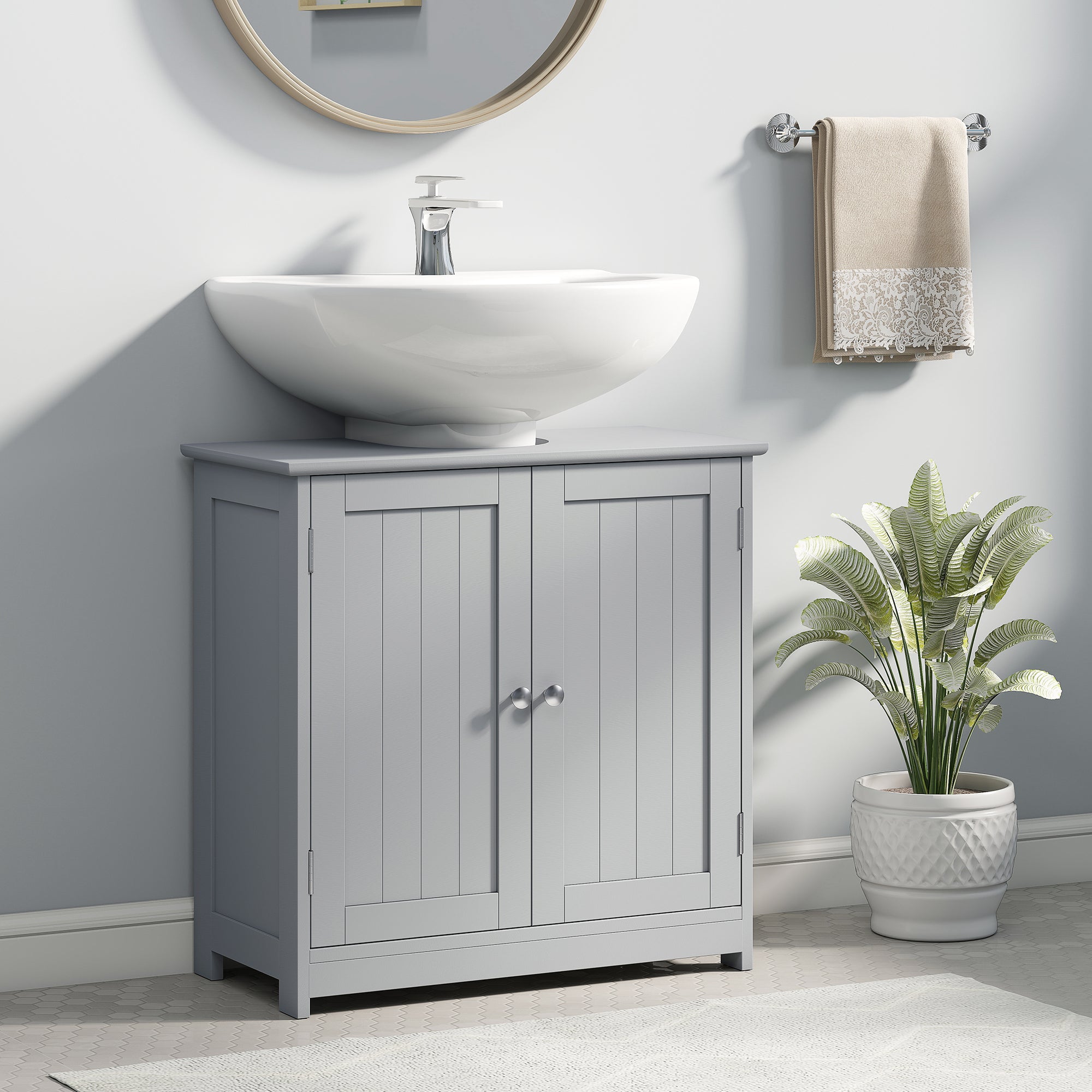 kleankin Under Sink Bathroom Cabinet, Freestanding Under Sink Cabinet with 2 Doors and Adjustable Shelf for Basin without or with Pedestal, Grey