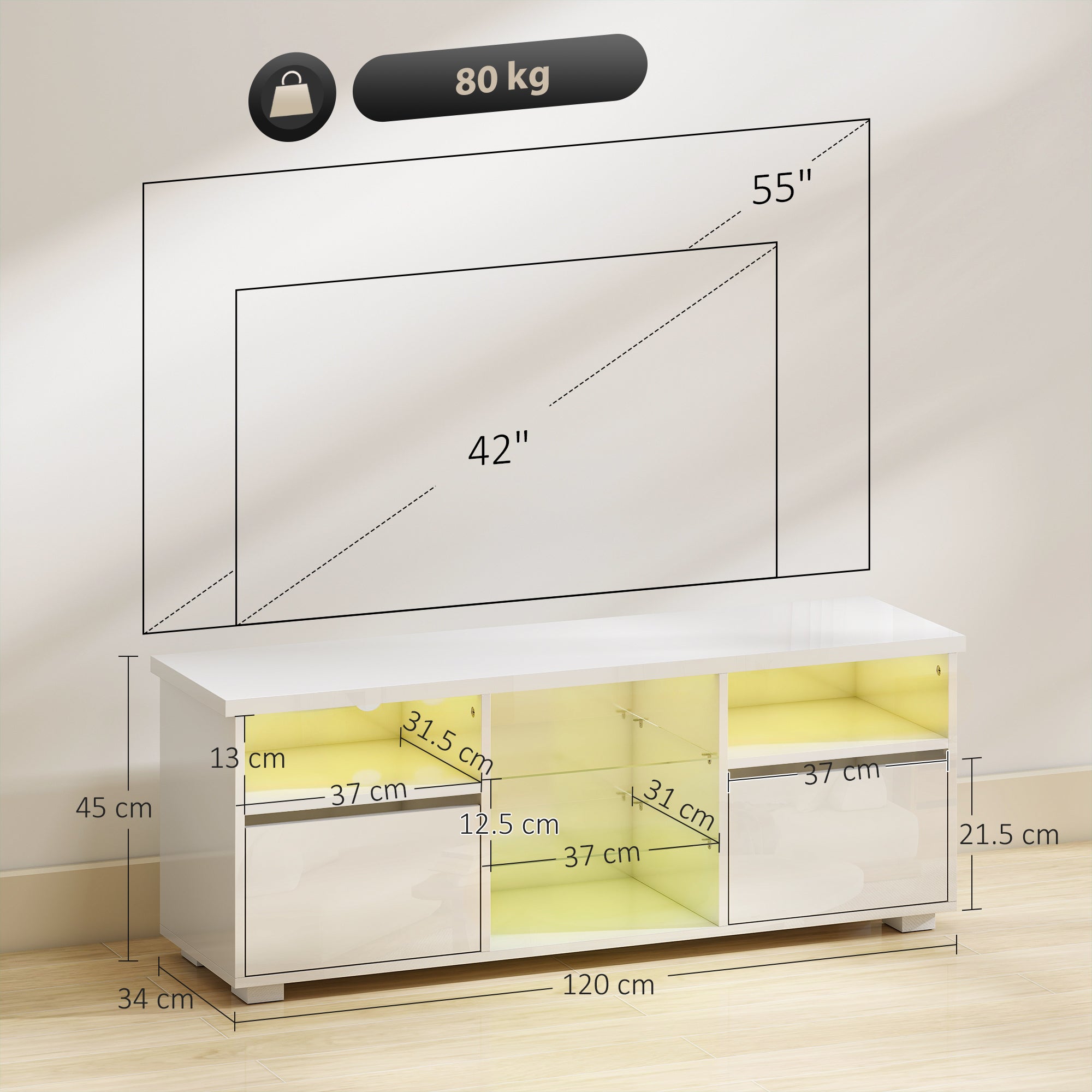 HOMCOM TV Stand Cabinet with LED Lights - High Gloss White