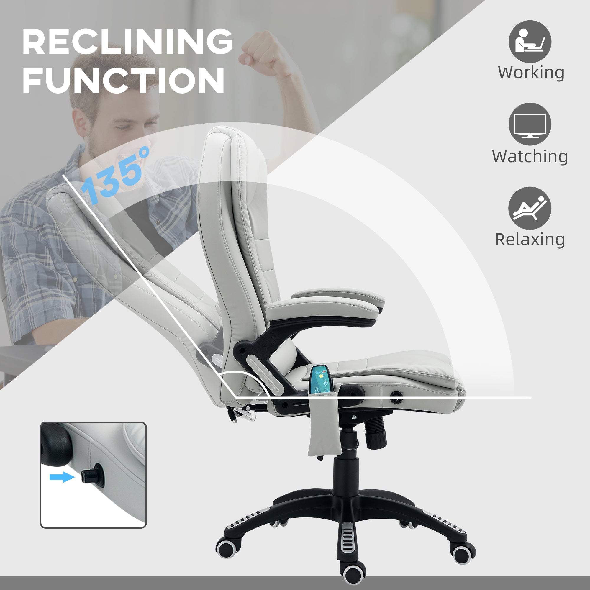 HOMCOM Executive Office Chair with Massage and Heat, High Back PU Leather Massage Office Chair with Adjustable Height, Light Grey - North Peak Garden Furniture