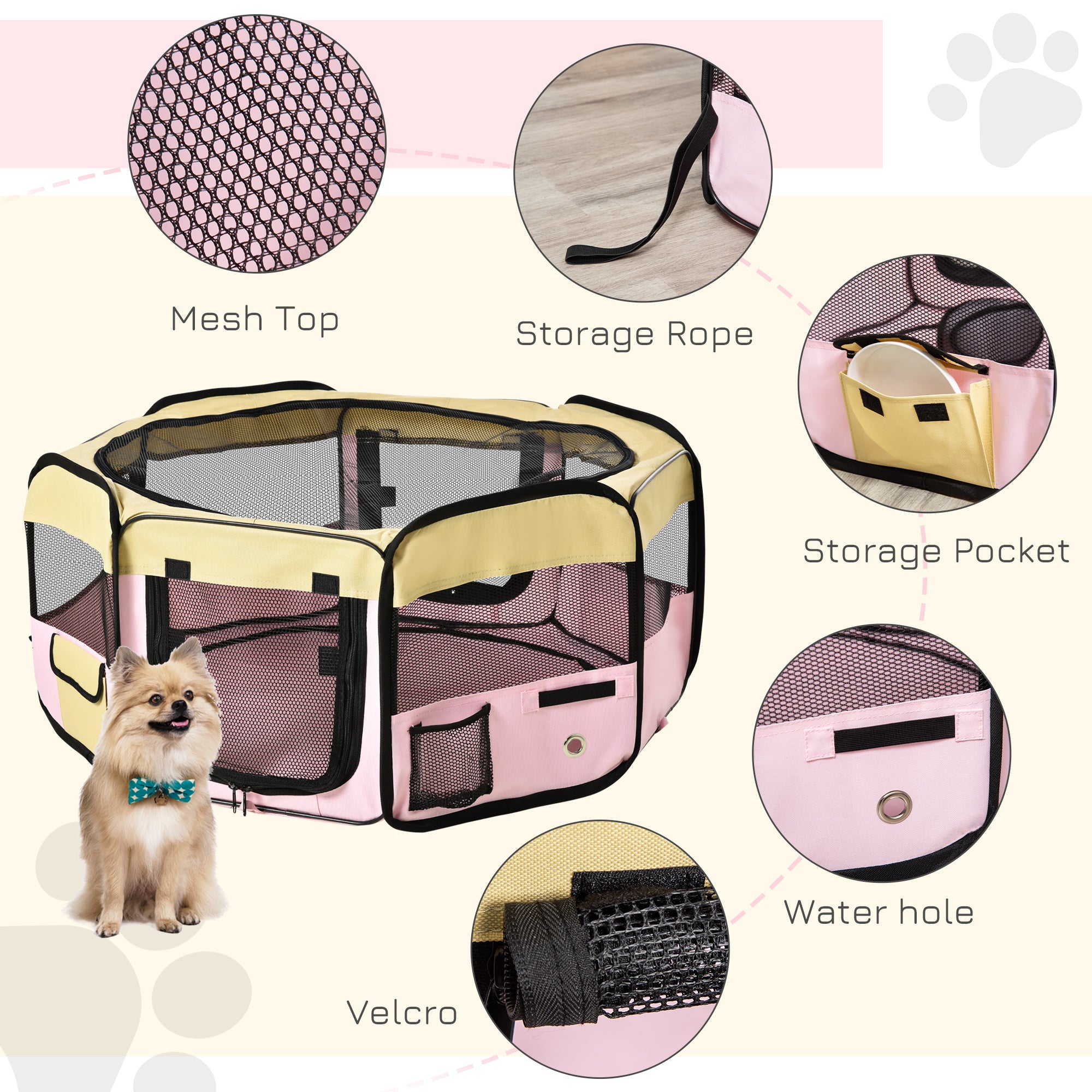 PawHut Fabric Pet Whelping Box Dog Cat Puppy Playpen Rabbit Guinea Pig Play Pen in Pink With Carry Bag Small Dia 90 x 41Hcm - North Peak Garden Furniture