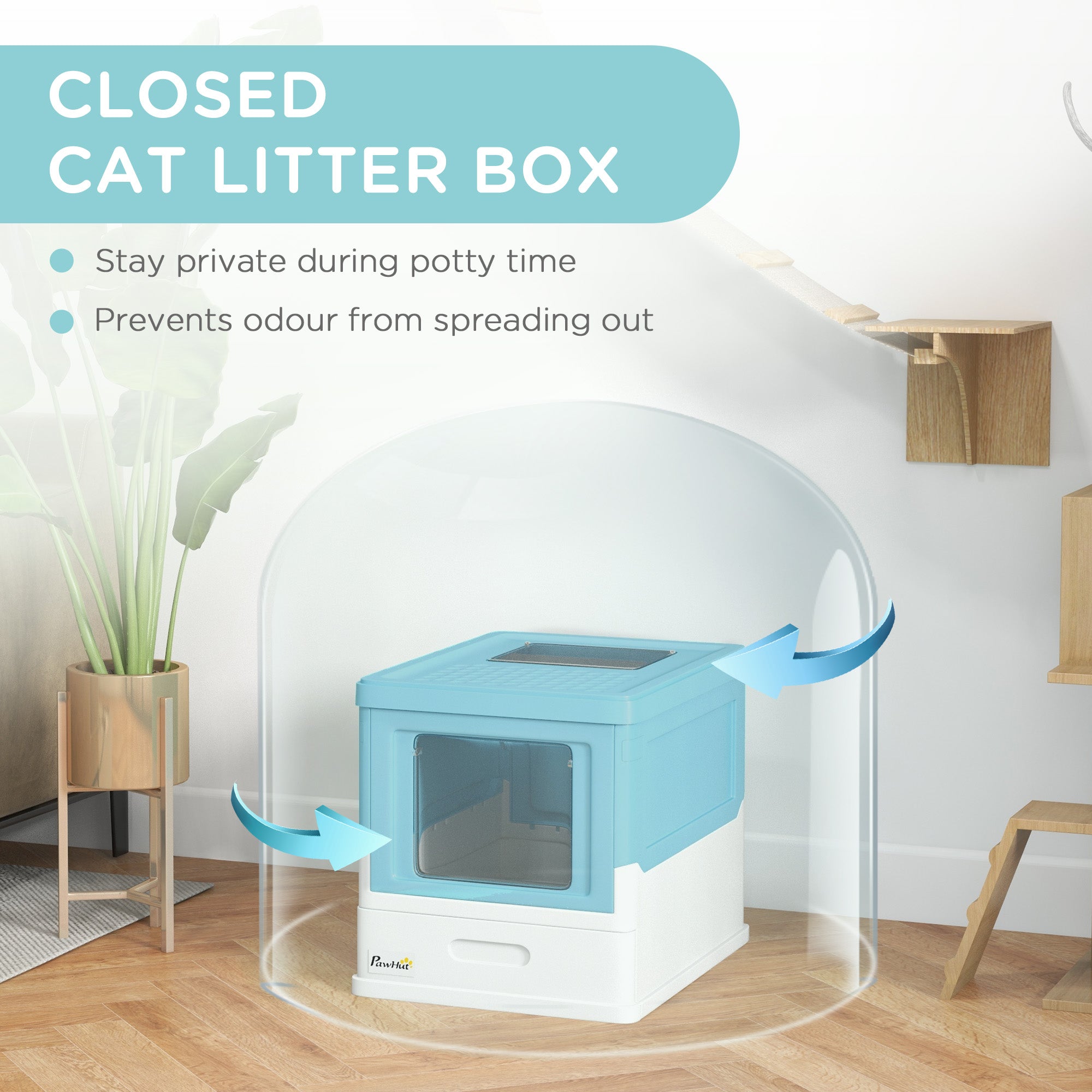 PawHut Hooded Cat Litter Box, Portable Pet Toilet, with Scoop, Front Entry - Light Blue - North Peak Garden Furniture