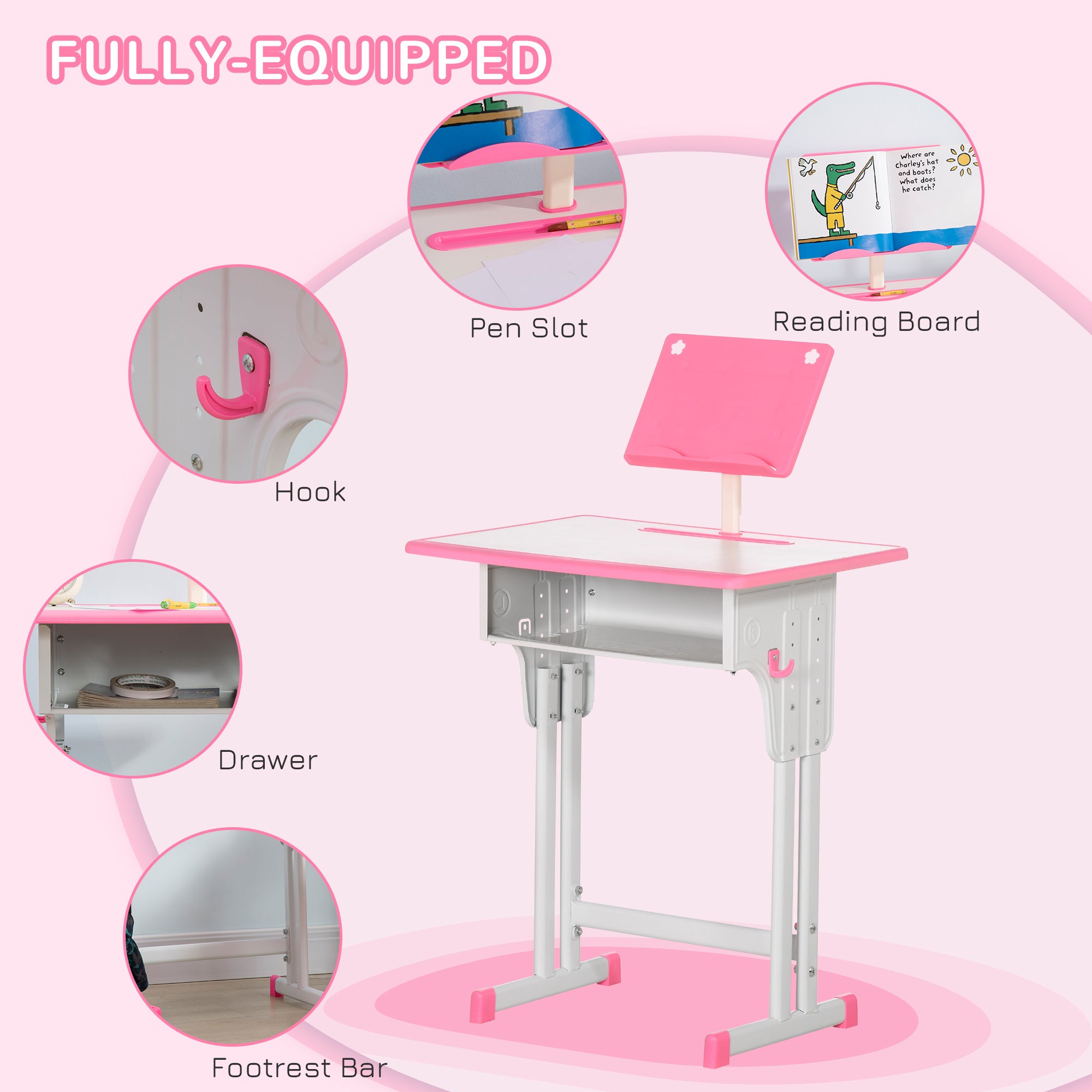 HOMCOM Kids Adjustable Desk and Chair Set, Book Stand, Pen Slot - Pink - North Peak Garden Furniture