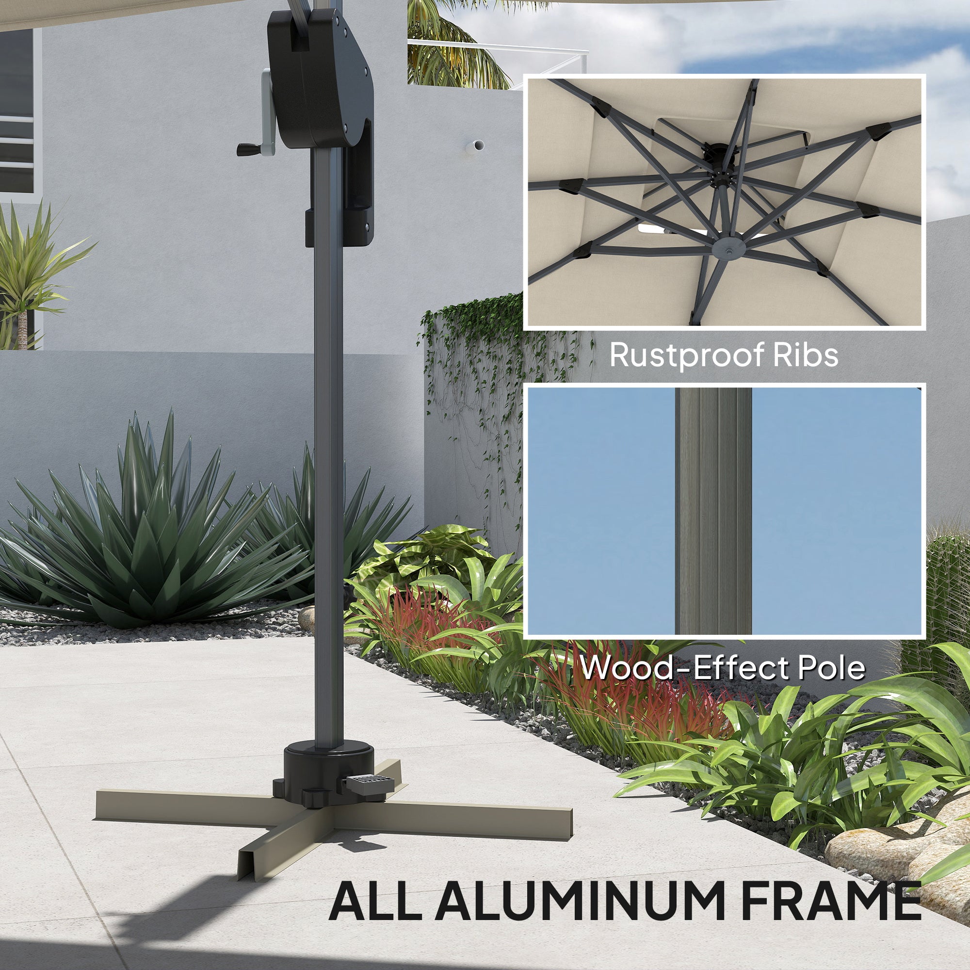 Outsunny 3.7 x 2.7 m Cantilever Parasol w/ 360° Rotation and Easy Tilt Adjustment, Aluminium Hanging Offset Outdoor Umbrella w/ Double Top and Cross Base, UPF50+ Hanging Sun Shade, Grey Wood Effect - North Peak Garden Furniture