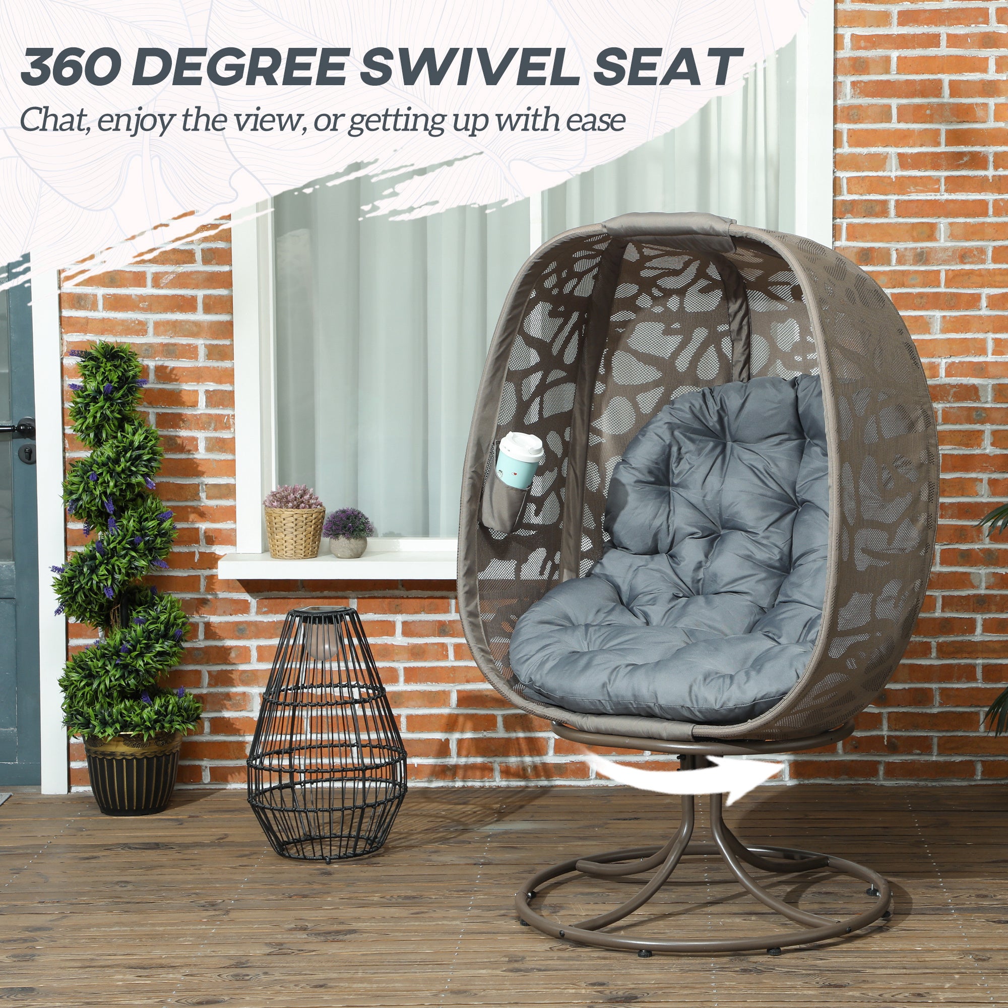 Outsunny Swivel Egg Chair with Cushions, Foldable Basket Seat and Metal Frame, Indoor Outdoor Lounge Chair for Balcony, Patio and Living Room, Grey - North Peak Garden Furniture