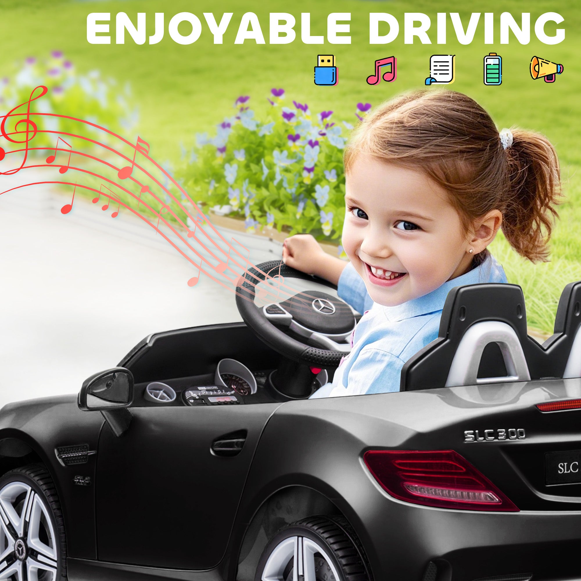 AIYAPLAY Benz SLC 300 Licensed 12V Kids Electric Ride On Car with Parental Remote Two Motors Music Lights Suspension Wheels for 3-6 Years Black