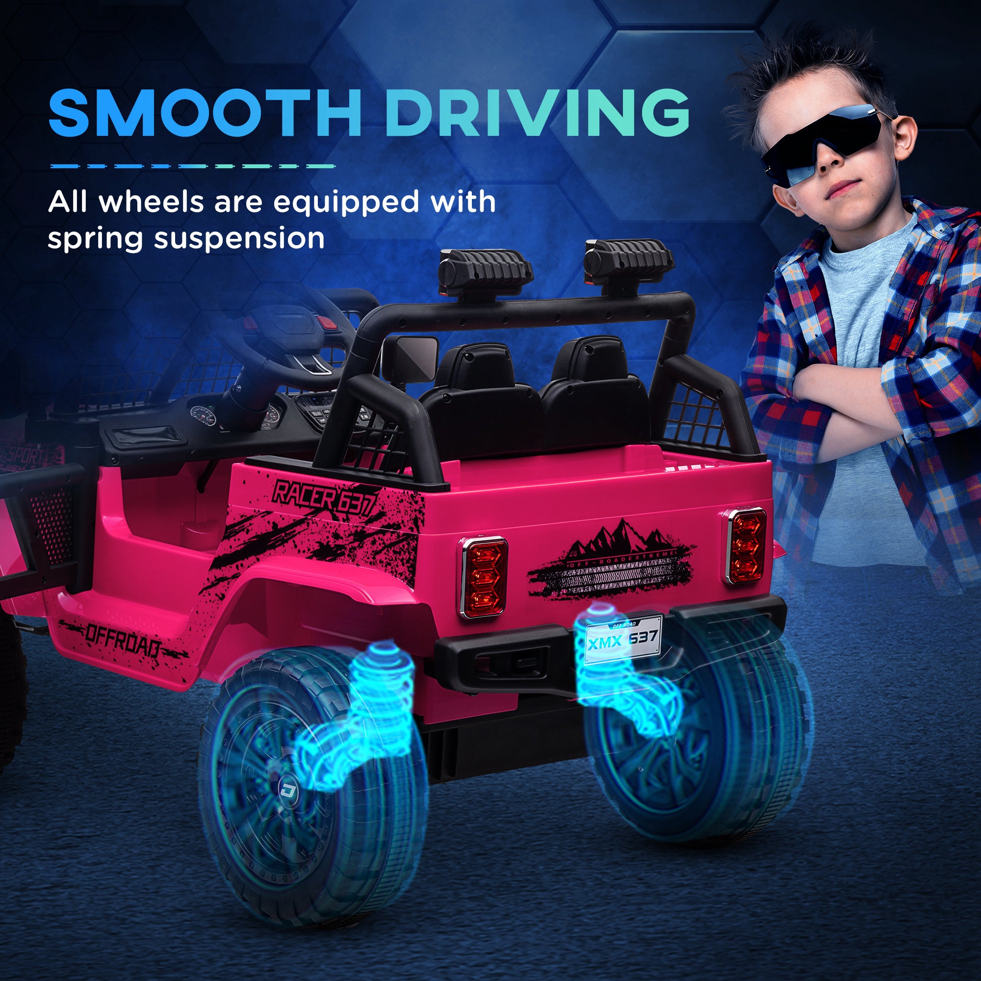 AIYAPLAY 12V Battery Powered Kids Ride On Car, Electric Truck w/ Spring Suspension, Remote, Music Horn Lights - Pink - North Peak Garden Furniture