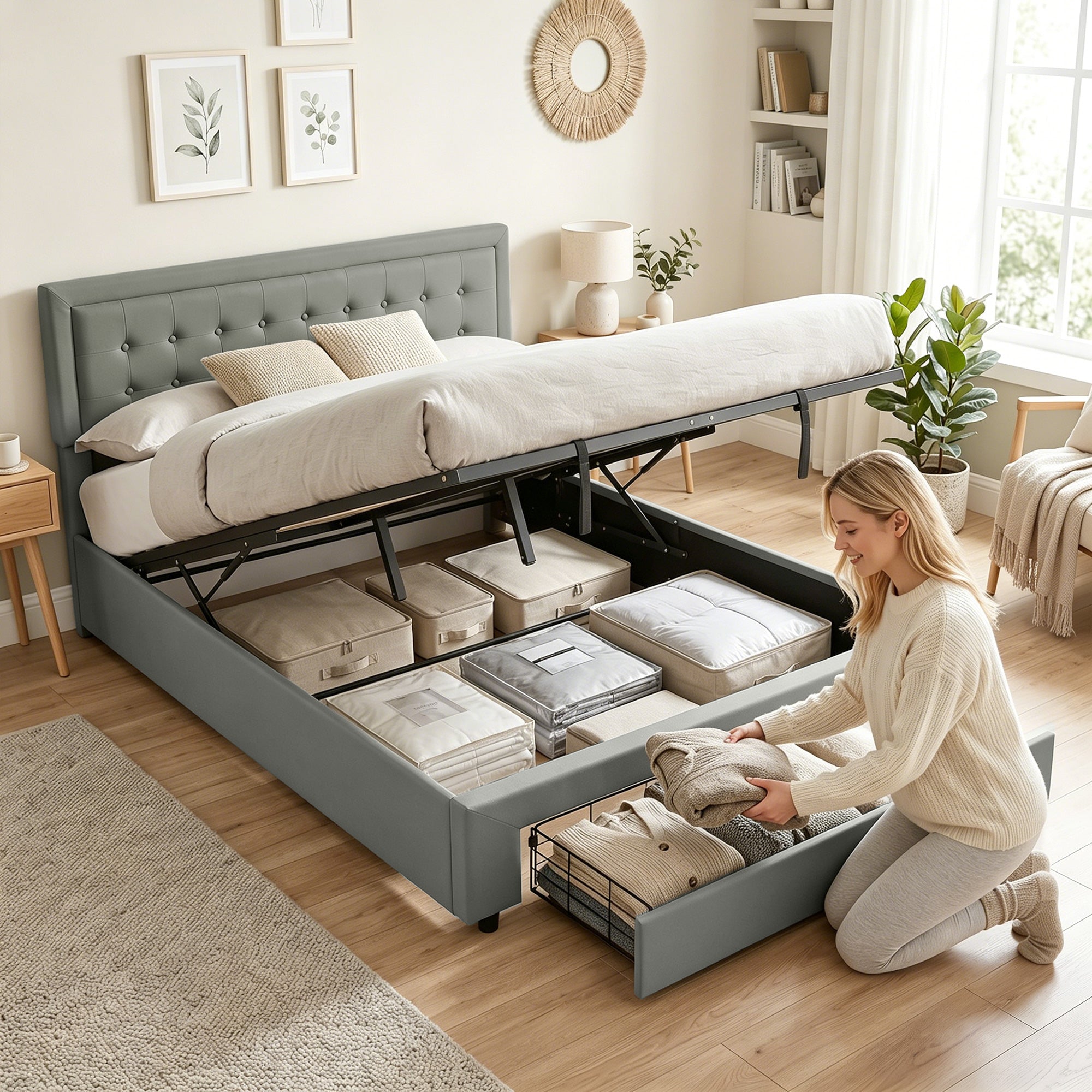 HOMCOM PU Leather King Size Ottoman Bed Frame, with Front Drawer - Grey