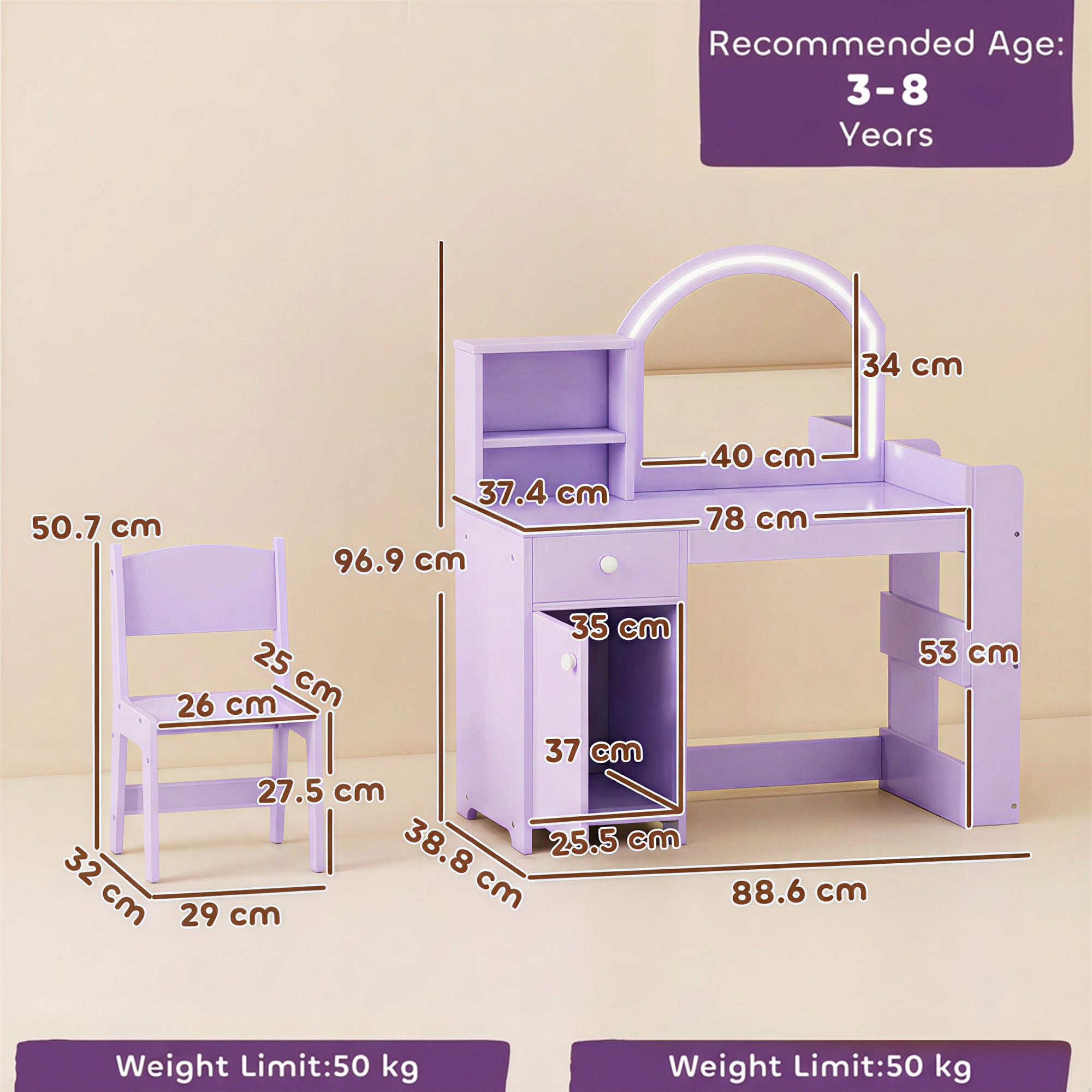 AIYAPLAY Kids Vanity Table and Chair Set, Girls Dressing Table with 2-Colour LED Mirror, Stool, Cabinet, Drawer, Shelves, Purple