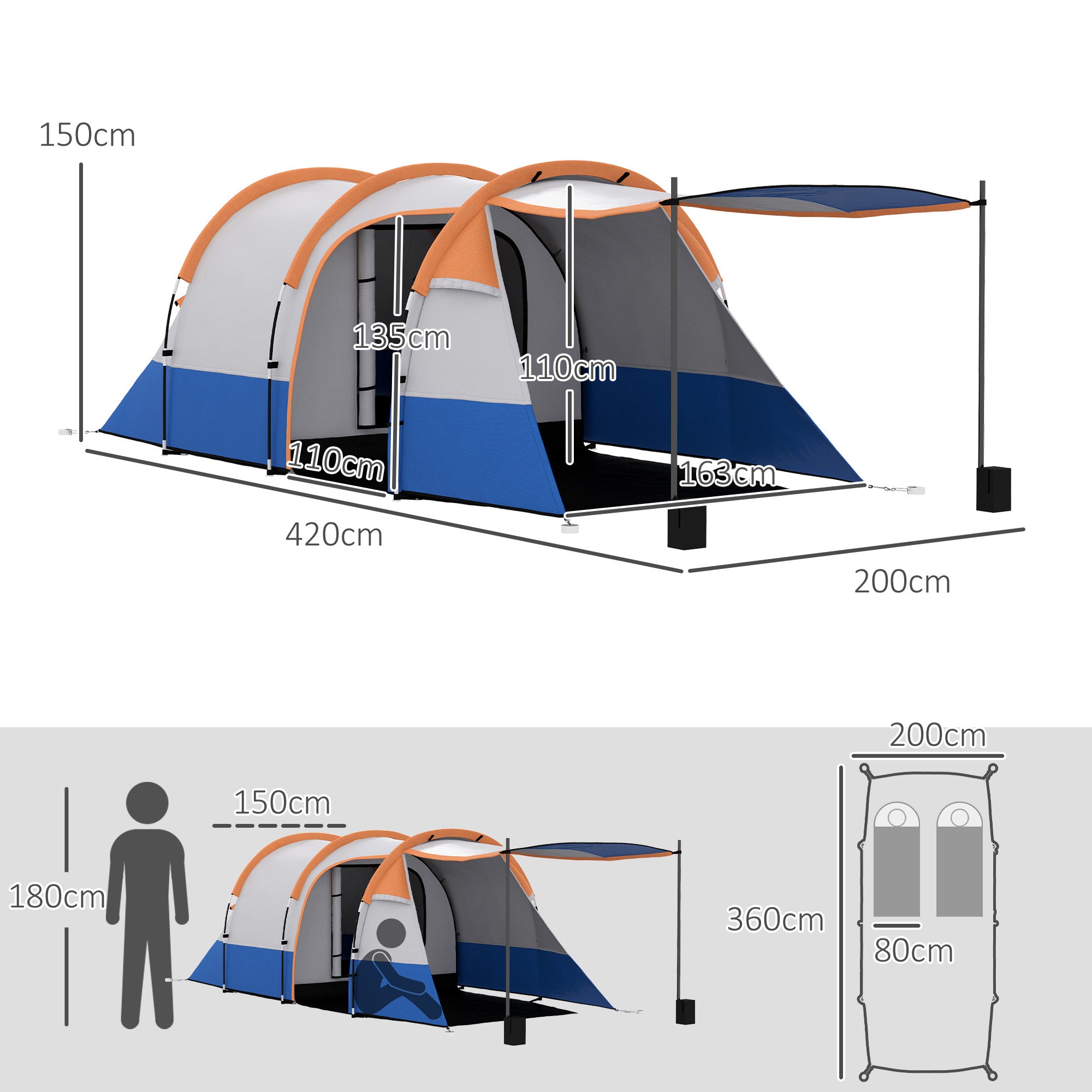 Outsunny Camping Tent, Large Tunnel Tent with Bedroom and Living Area, 2000mm Waterproof, Portable with Bag for 2-3 Man, Orange - North Peak Garden Furniture