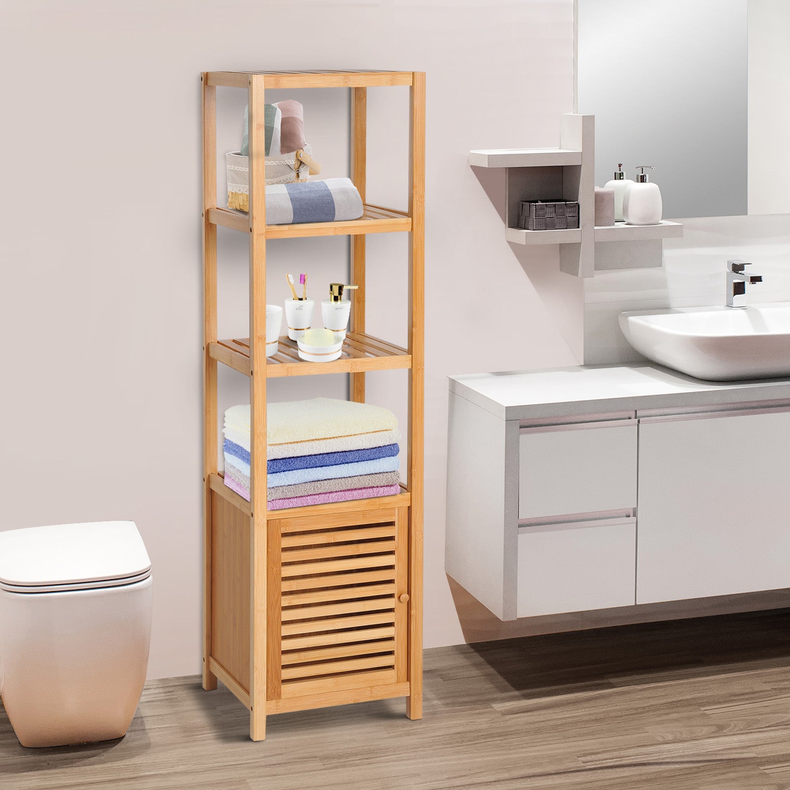 HOMCOM 140cm Tall Bathroom Cabinet, Freestanding Storage Unit w/ 3 Shelves, Utility Organiser Cupboard for Home Kitchen