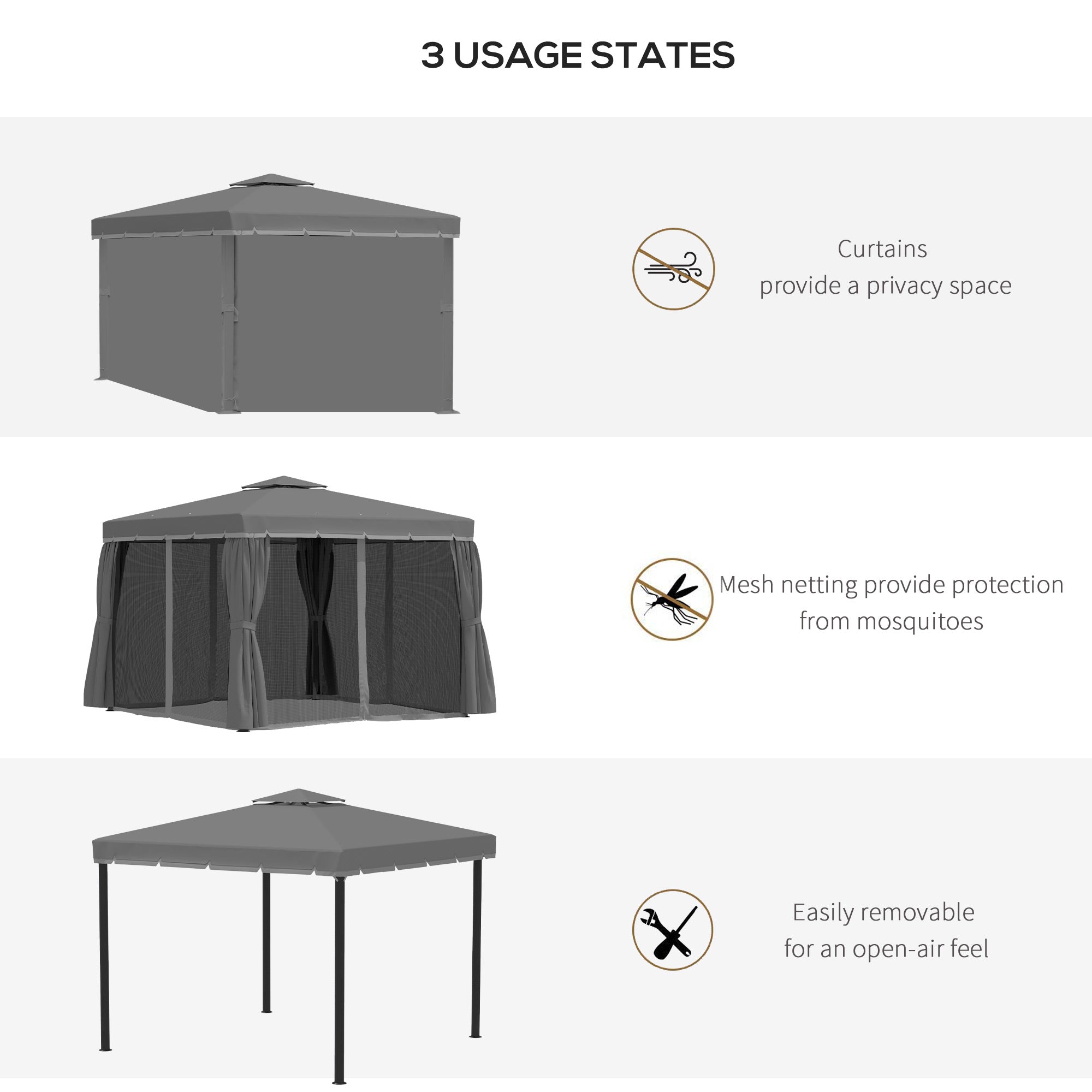 Outsunny 3 x 3(m) Patio Gazebo Canopy Garden Pavilion Tent Shelter Marquee with 2 Tier Water Repellent Roof, Mosquito Netting and Curtains, Aluminium Frame, Dark Grey - North Peak Garden Furniture