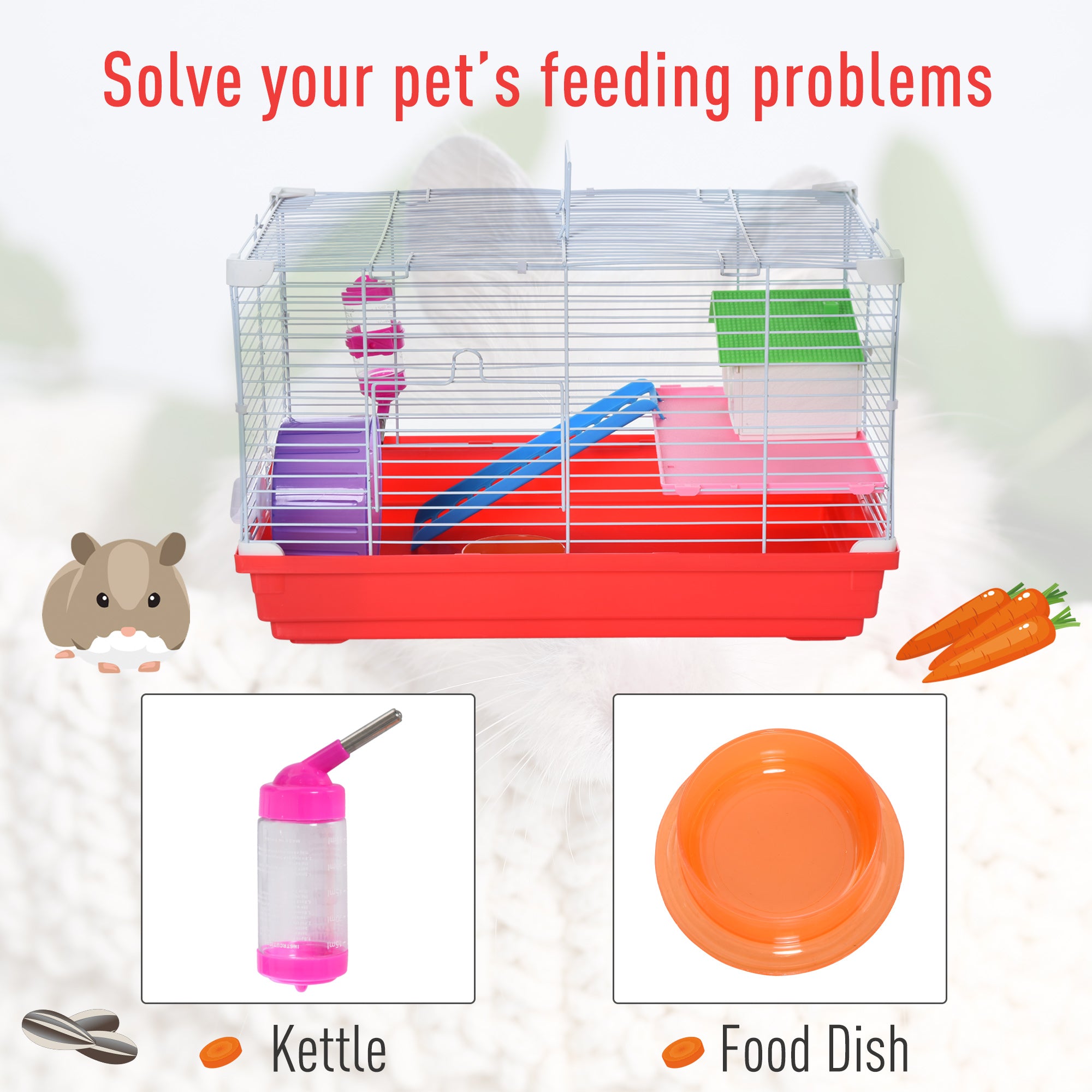 PawHut Portable 2 Storey Hamster Cage Small Pet Animal Cage Double Layers w/ Exercise Wheel Water Bottle Dishes - North Peak Garden Furniture